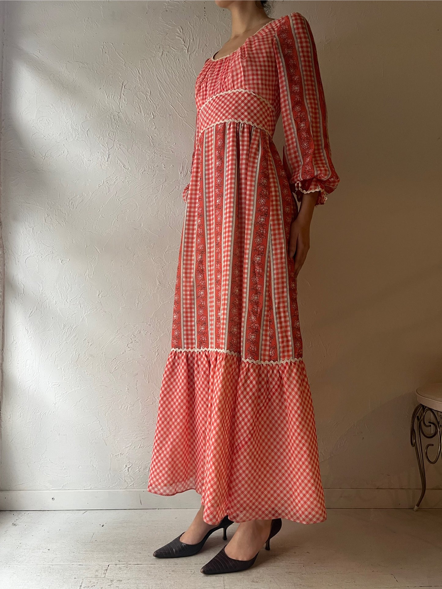 70s 'Nu Mode' Pink Gingham Peasant Dress / Small