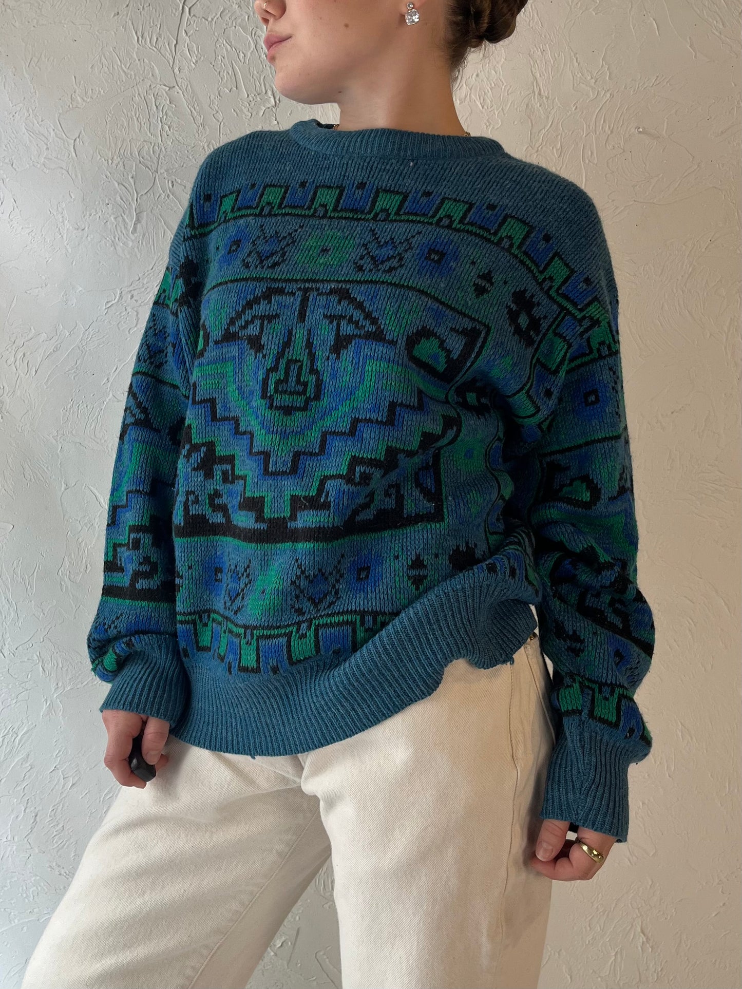 90s Blue Acrylic Wool Pullover Sweater / Medium