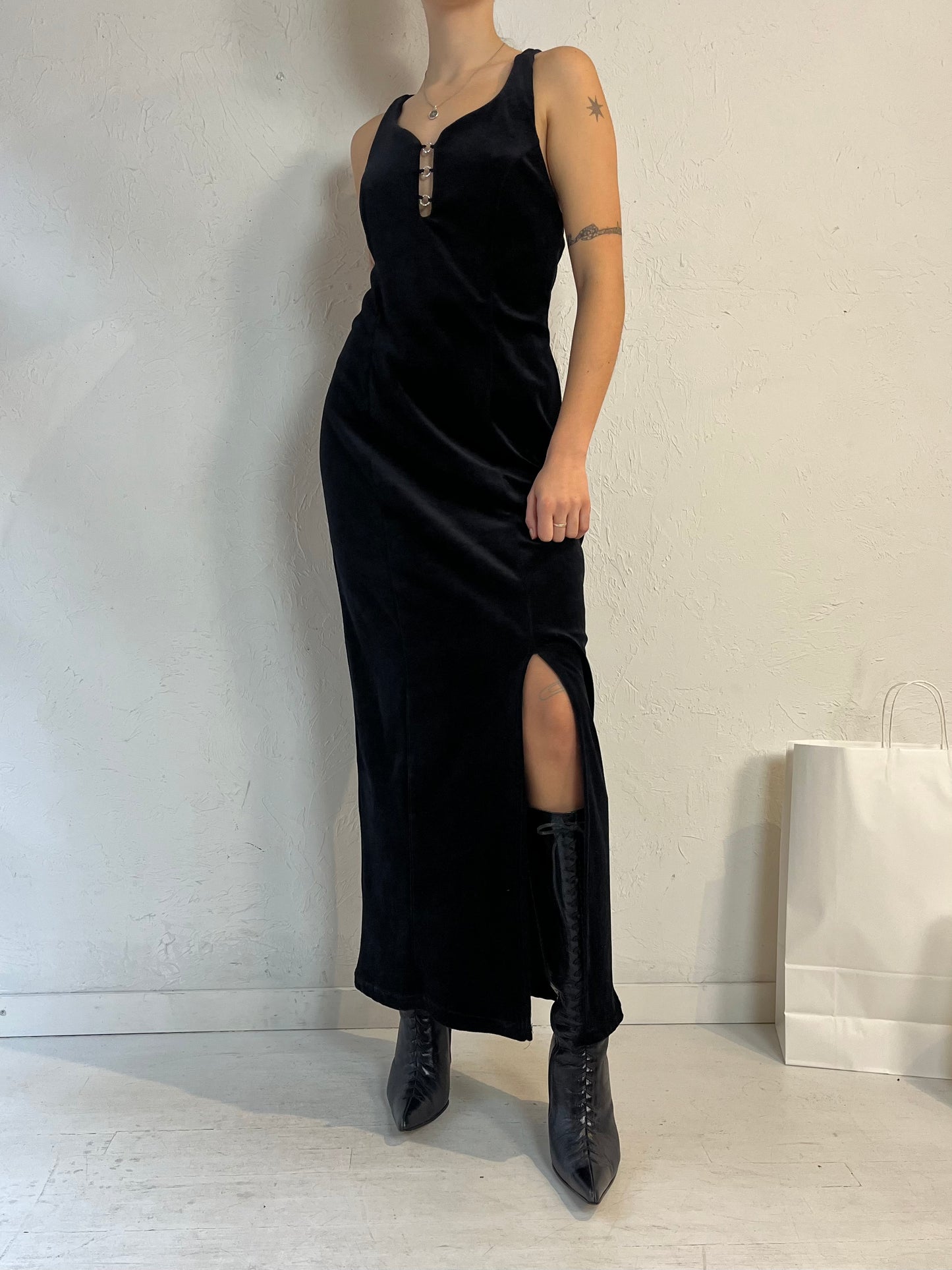 90s 'Tempo' Black Velvet Evening Dress / Small - Medium