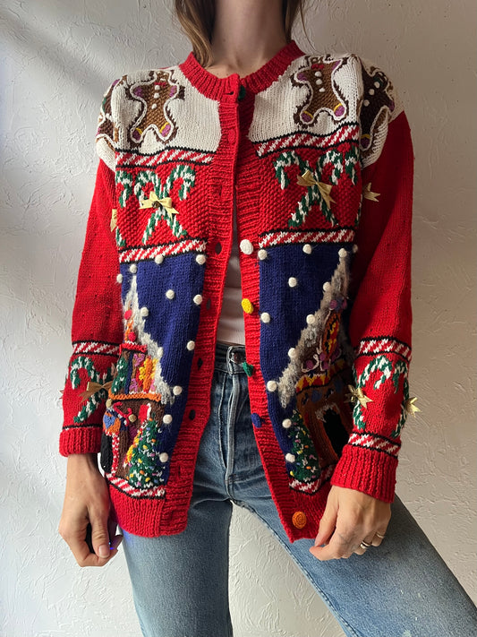 90s 'Marisa Christina' Red Gingerbread House Holiday Cardigan Christmas Novelty Knit Sweater / Medium - Large