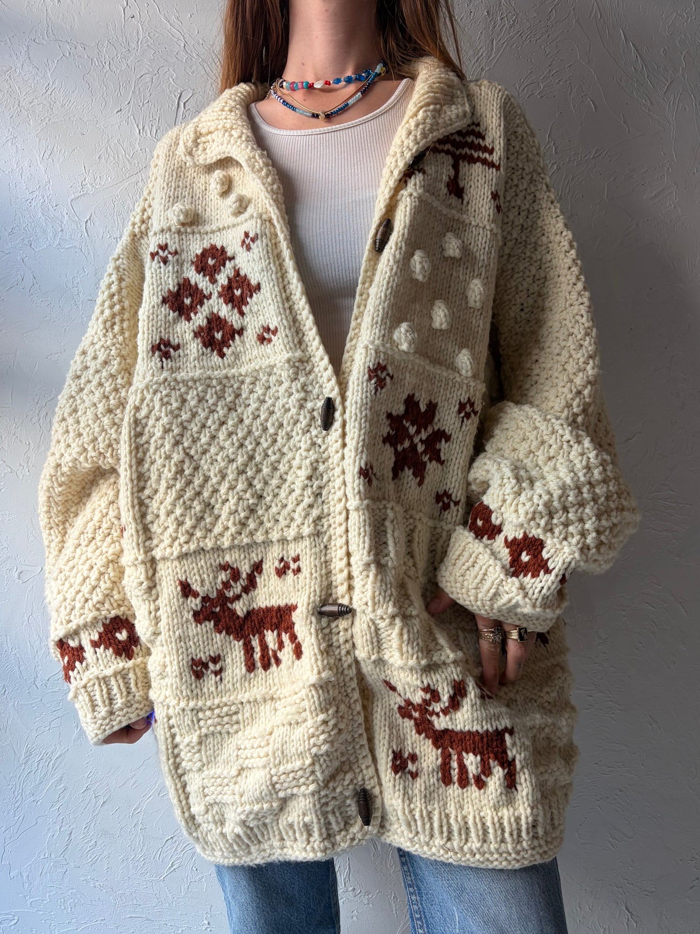 Vinage Hand Knit Chunky Wool Reindeer Sweater / XL