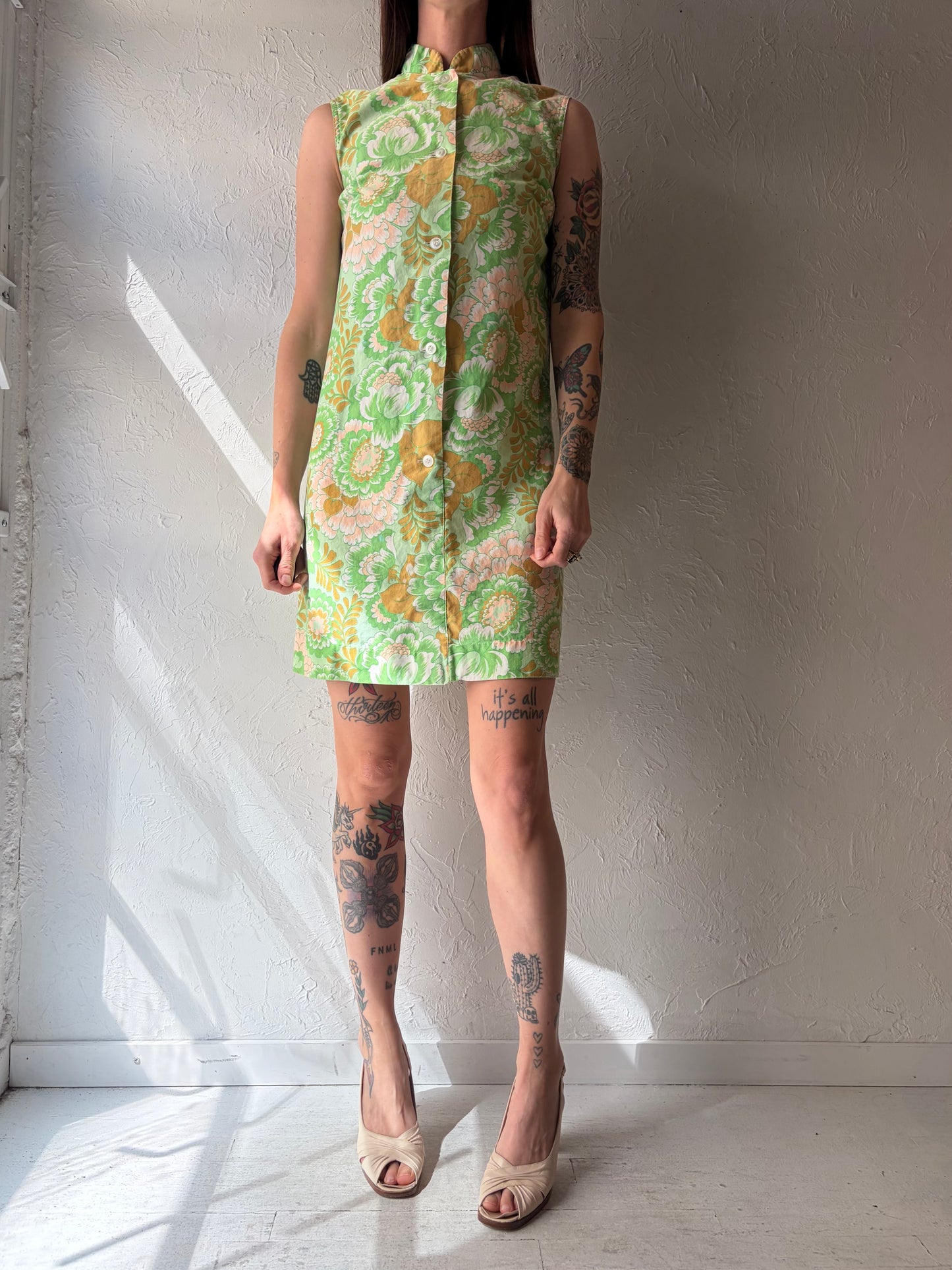 Vintage 1970s Handmade Green Retro Print Mini Dress / Small