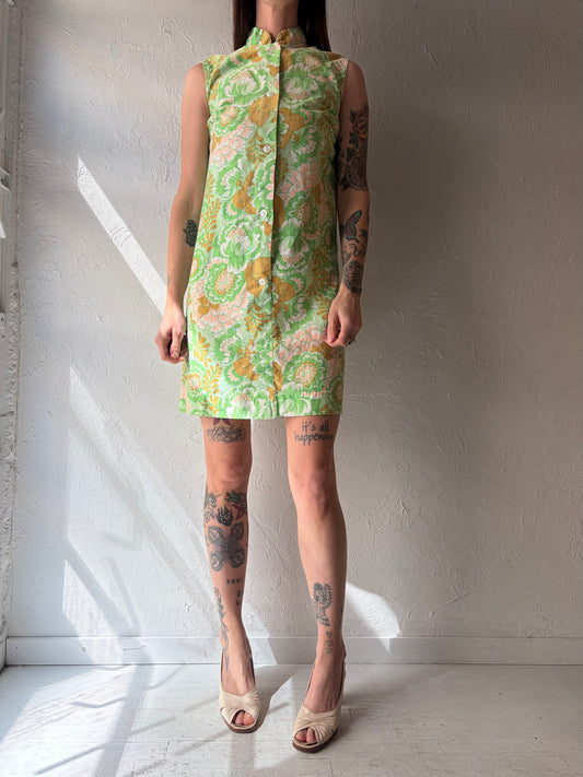 Vintage 1970s Handmade Green Retro Print Mini Dress / Small