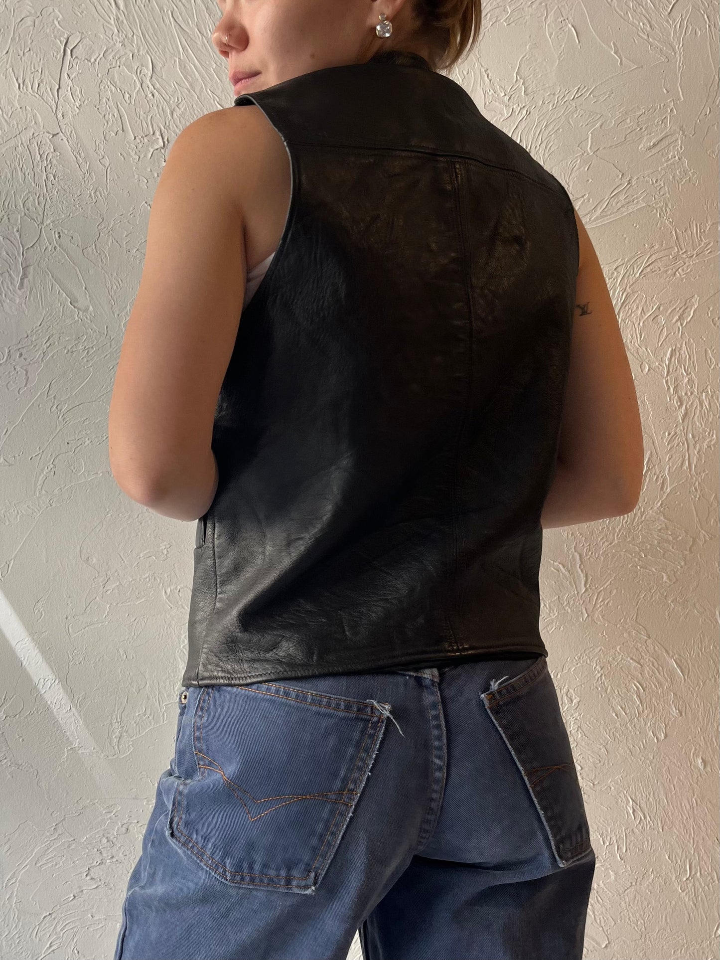 Vintage Black Leather Vest / Medium