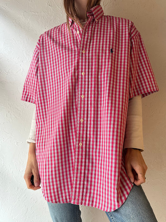 Y2k 'Ralph Lauren' Pink Gingham Short Sleeve Button Up Shirt / Medium