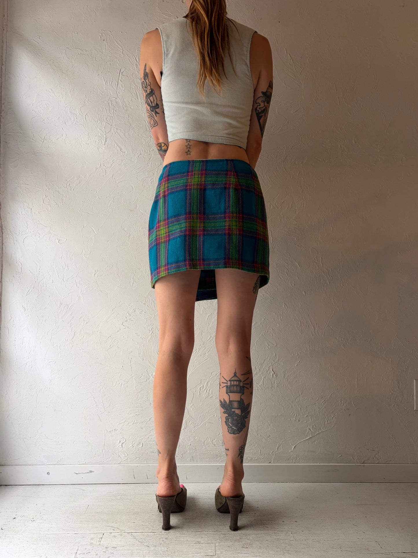 90s 'French Connection' Plaid Knit Mini Wrap Skirt / Large