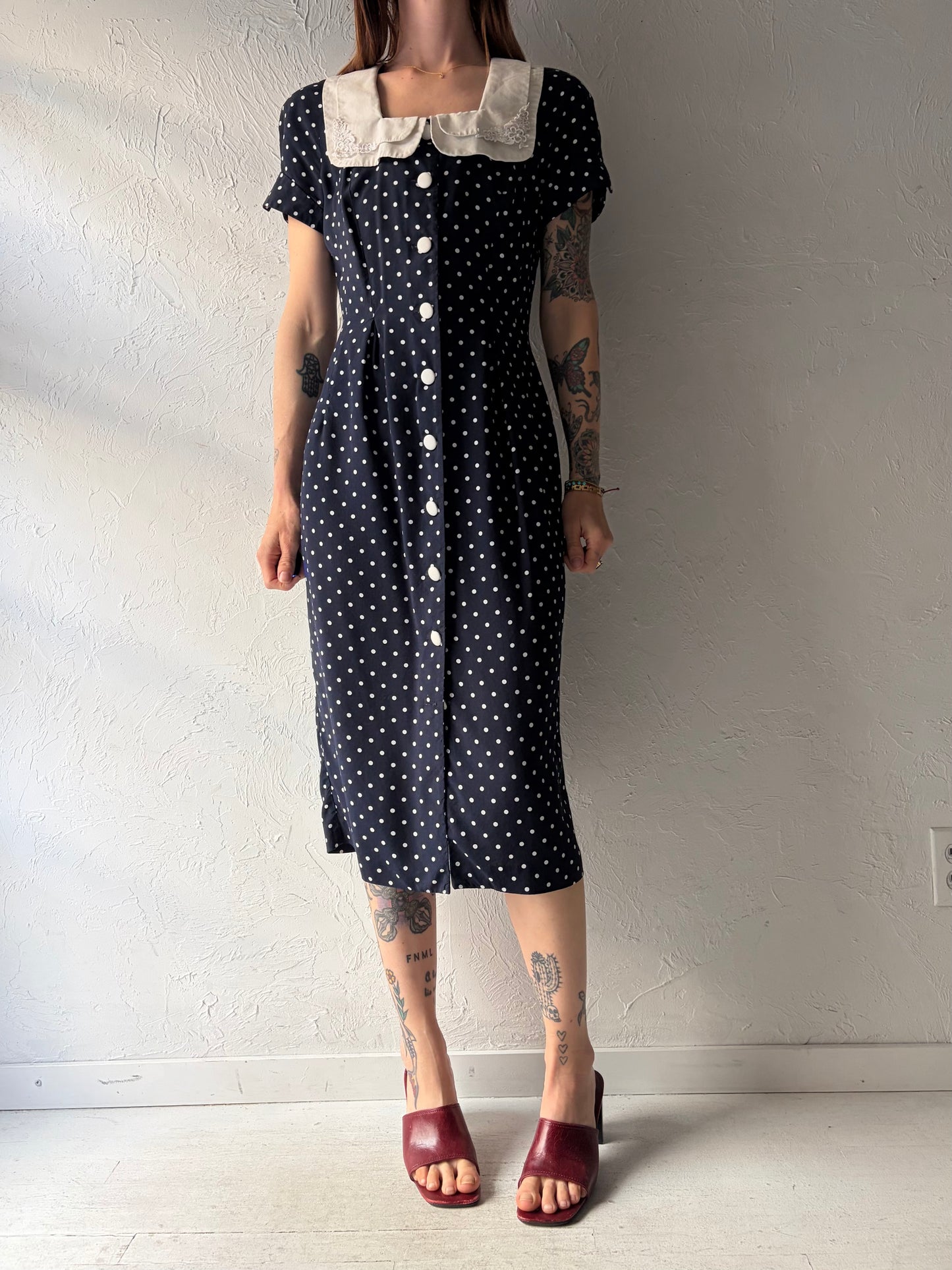 80s 'Joseph Ribkoff' Collared Polka Dot Retro Dress / Medium