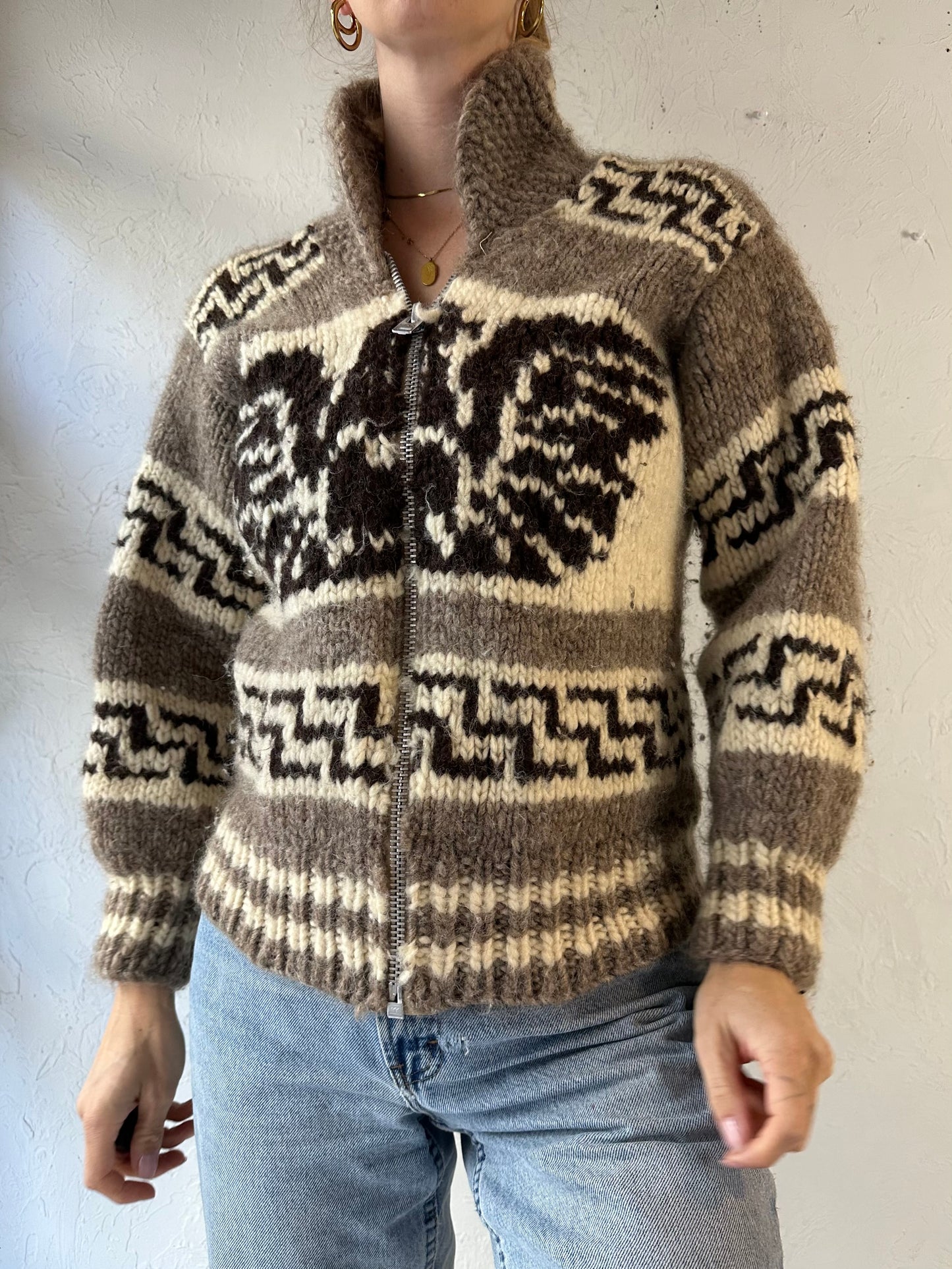 Vintage Hand Knit Zip Up Wool Eagle Sweater / Small