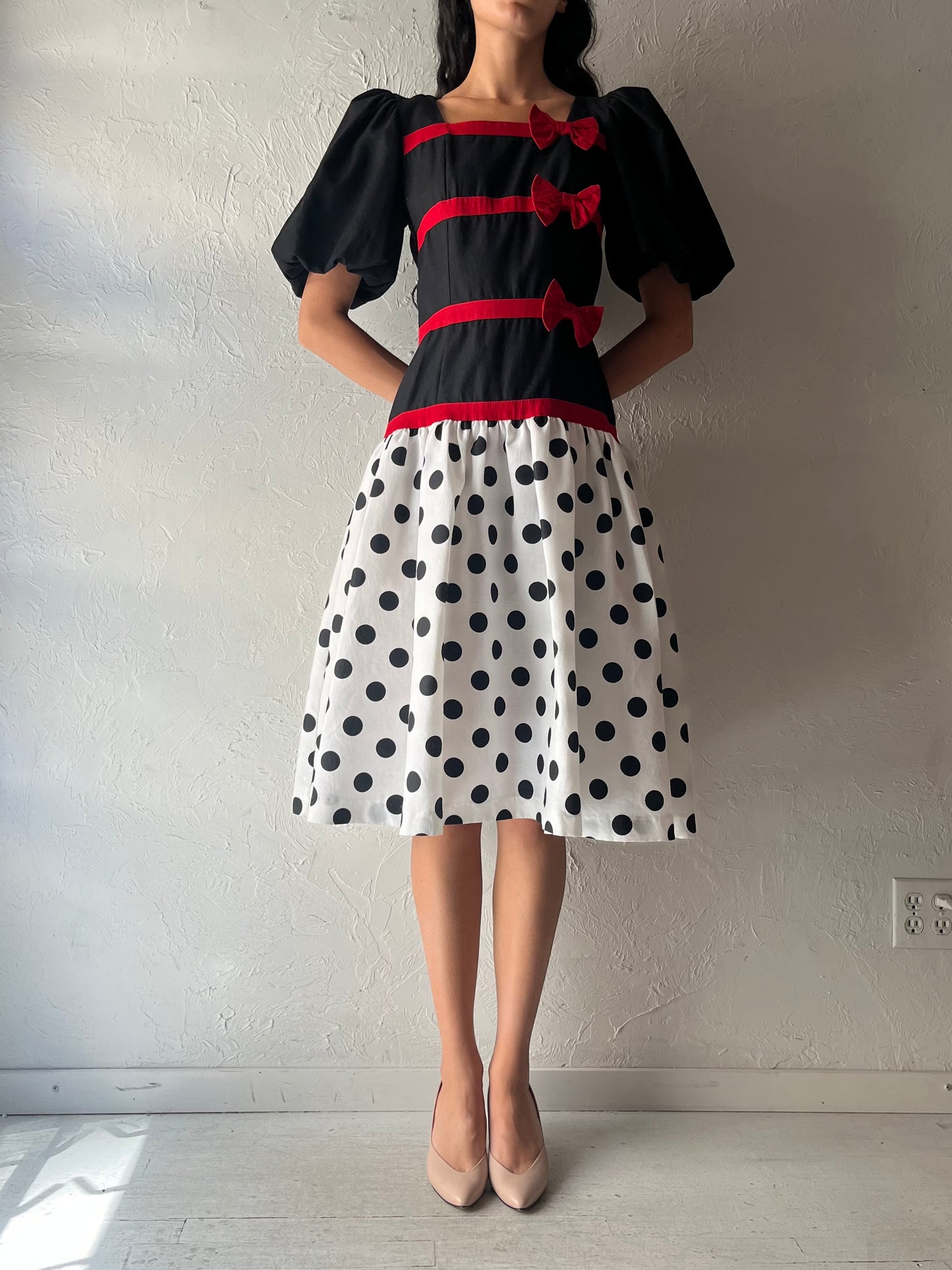 80s 'Go Vicki' Drop Waist Puff Sleeve Party Dress / Medium
