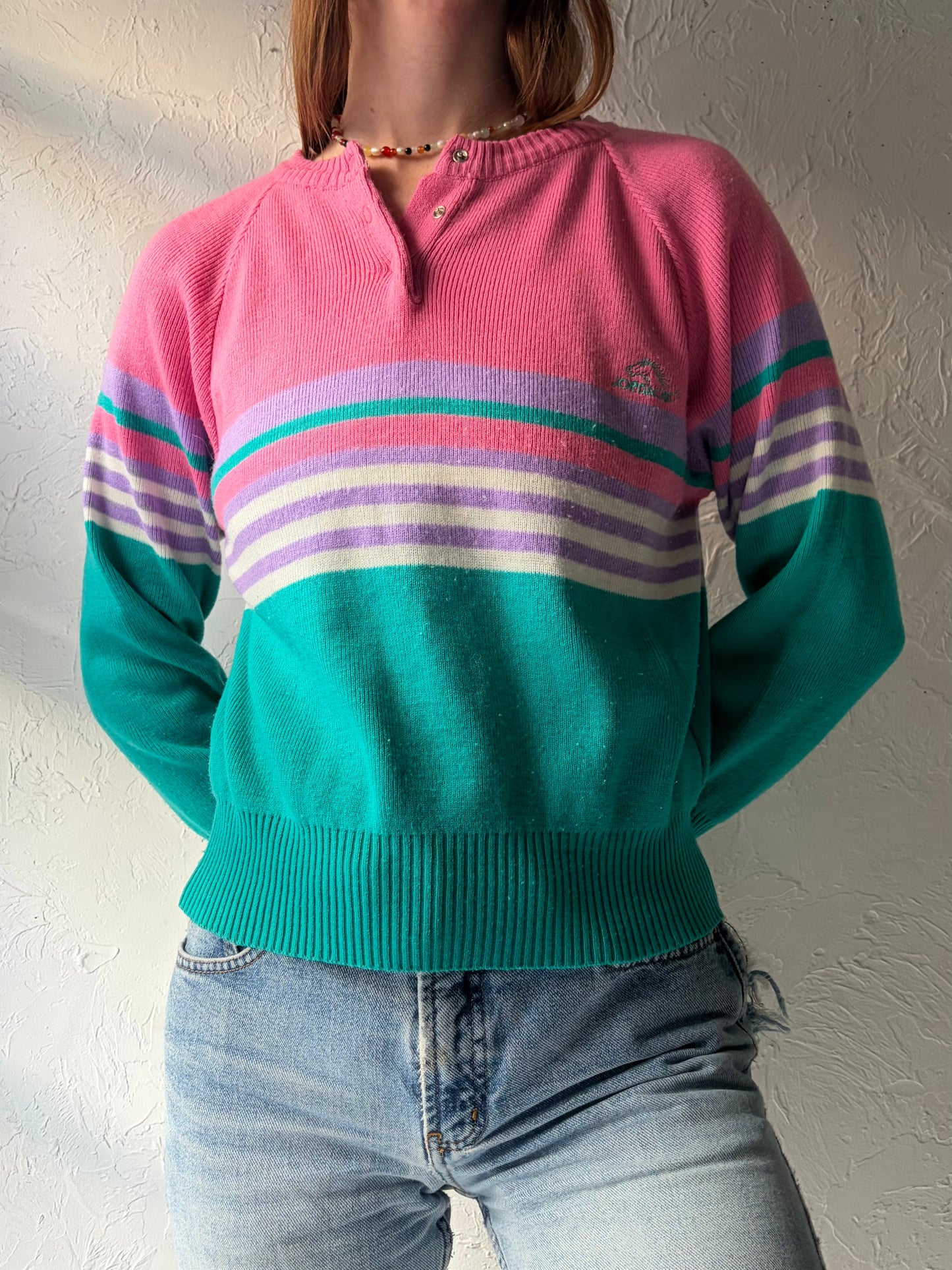 90s 'Jordache' Pink Stripped Retro Preppy Acrylic Sweater / Small