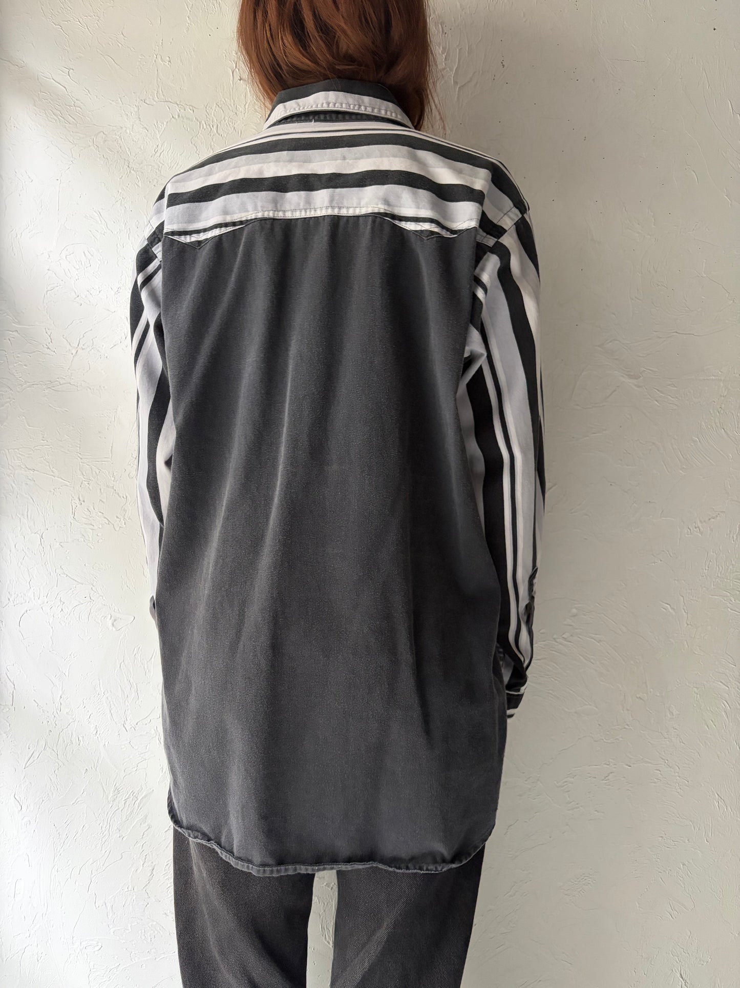 90s 'Mid West Garment' Black Striped Western Button Up Cowboy Workwear Shirt / Large