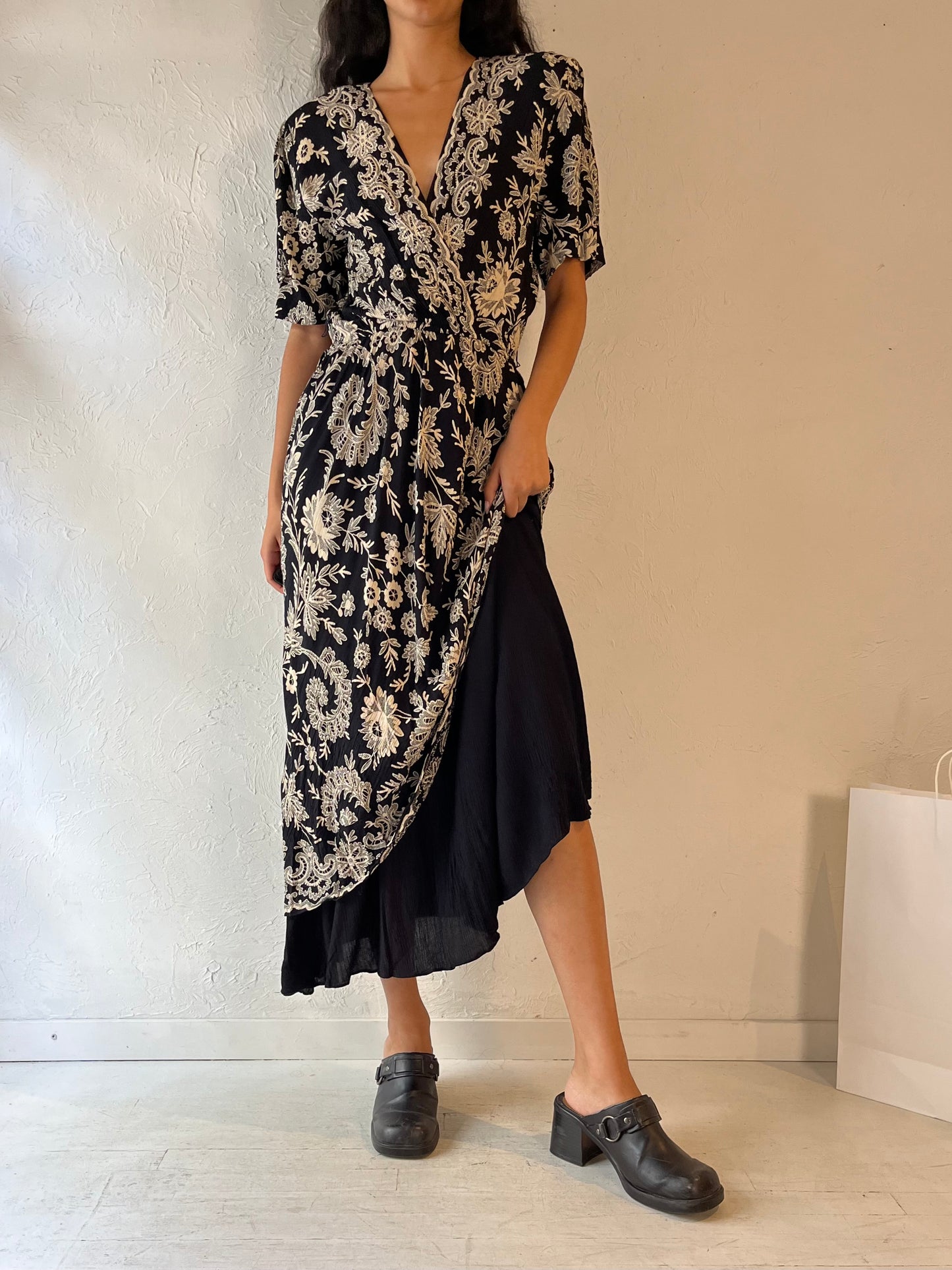 80s 'Phoebe' Black Rayon Midi Dress / Small - Medium