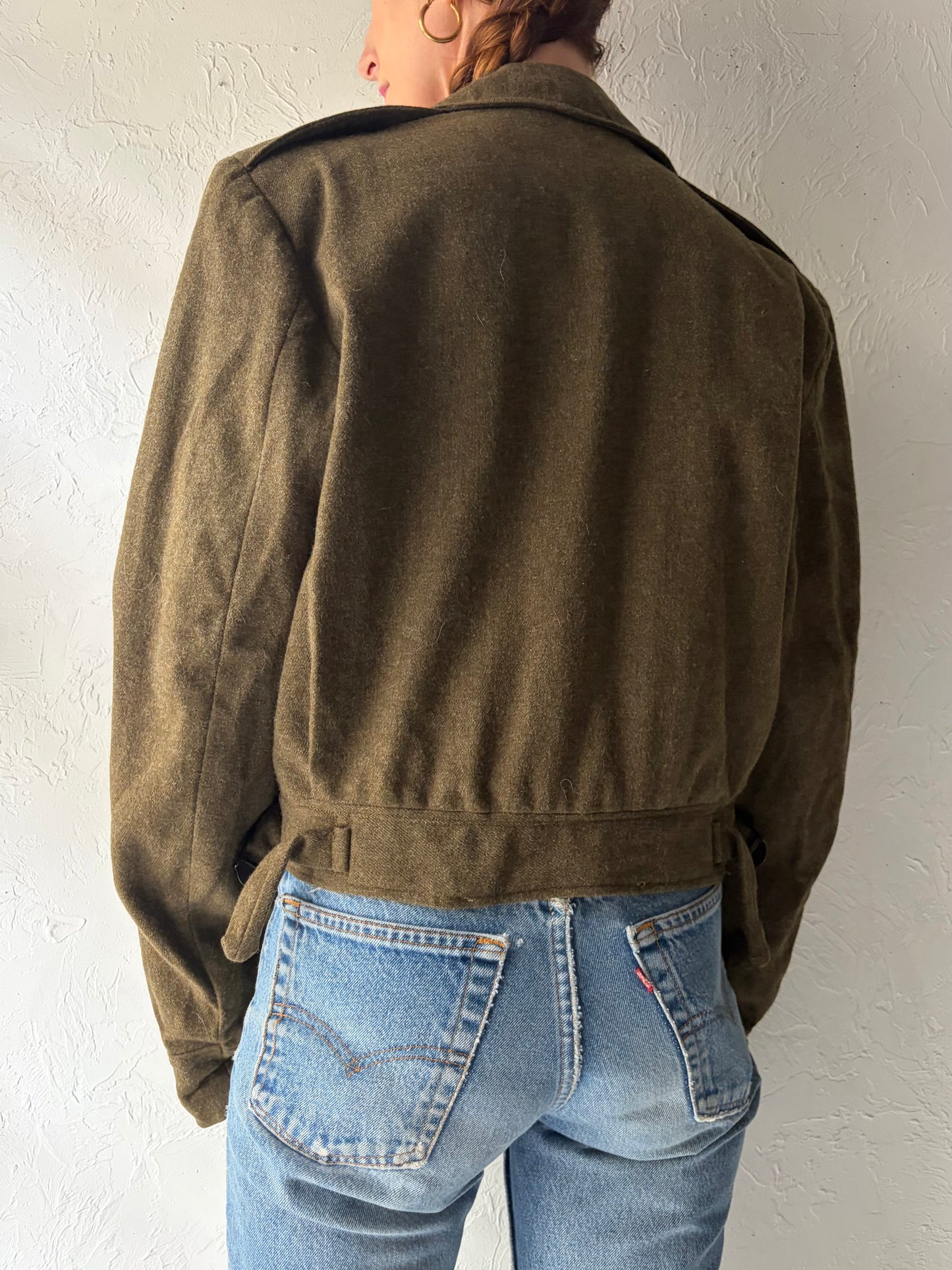 50s Authentic Army Cropped Green Wool Jacket / Vintage 1950 Military Retro Utility Wool Jacket / Medium