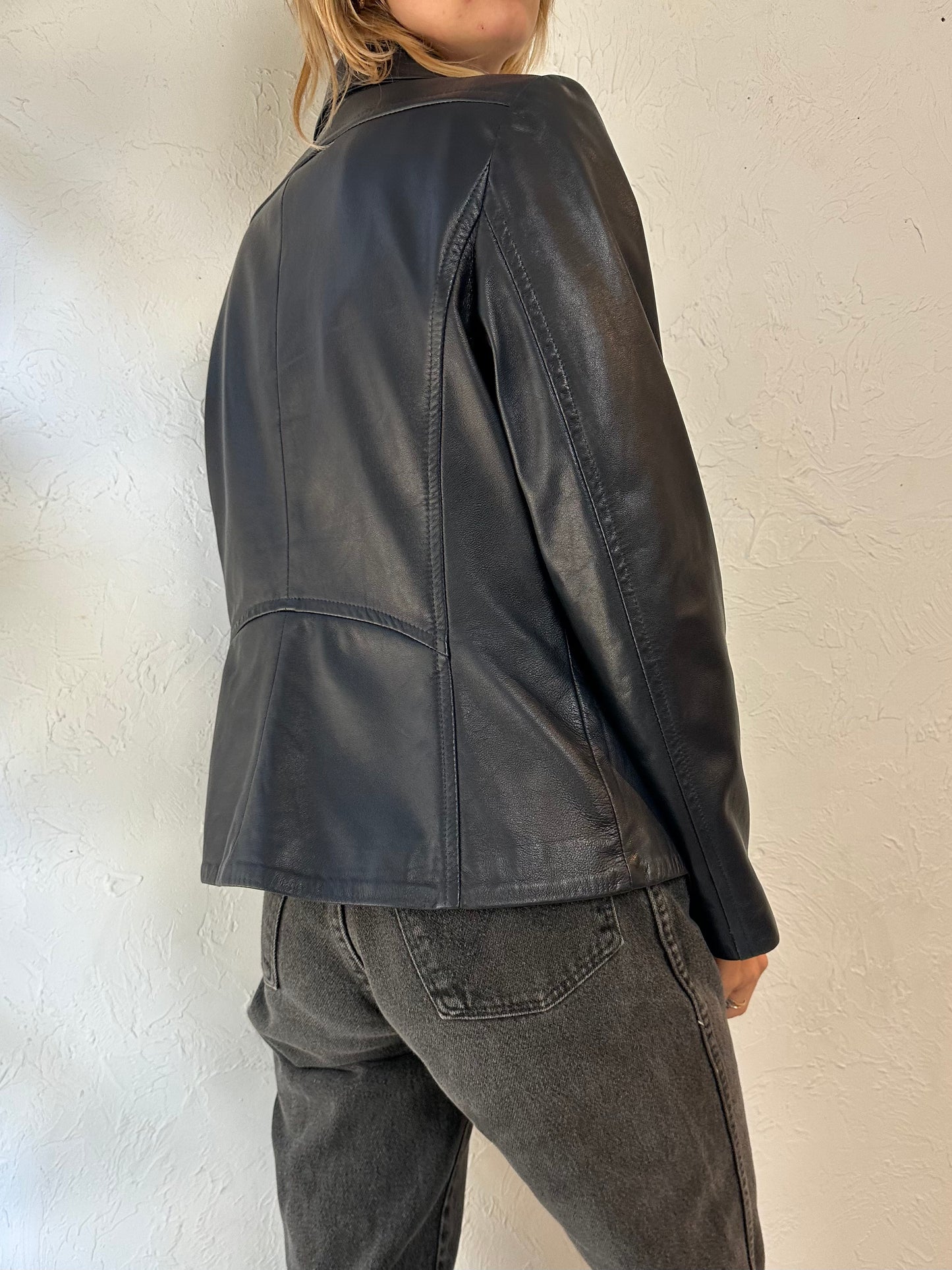 90s 'Danier' Fitted Black Leather Jacket / Medium