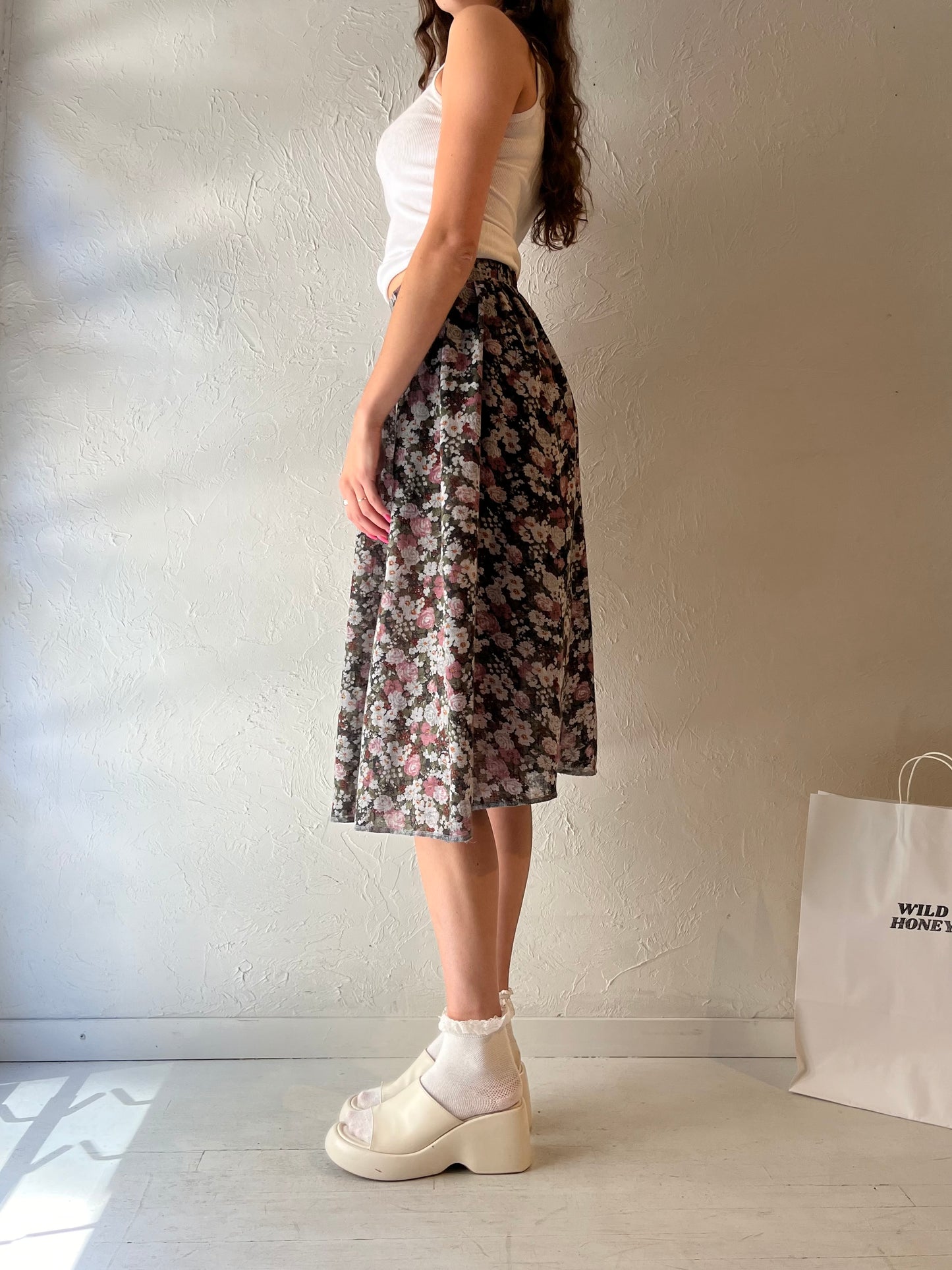 90s 'Billie Jo' Floral Print Midi Skirt / Small