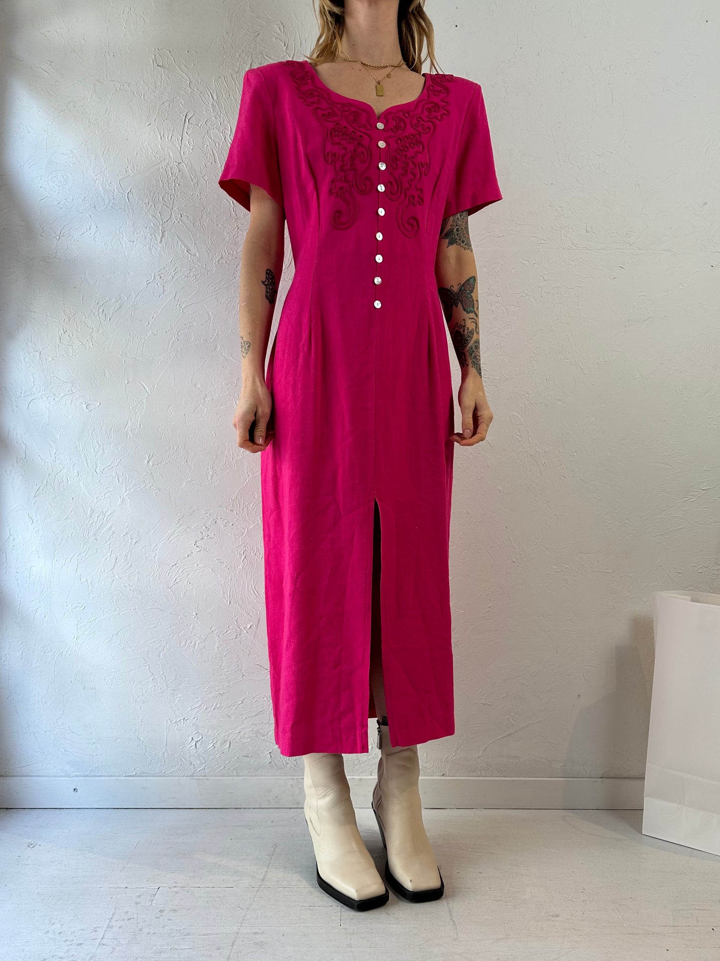 80s 'Dawn Joy' Hot Pink Linen Rayon Maxi Dress / Large