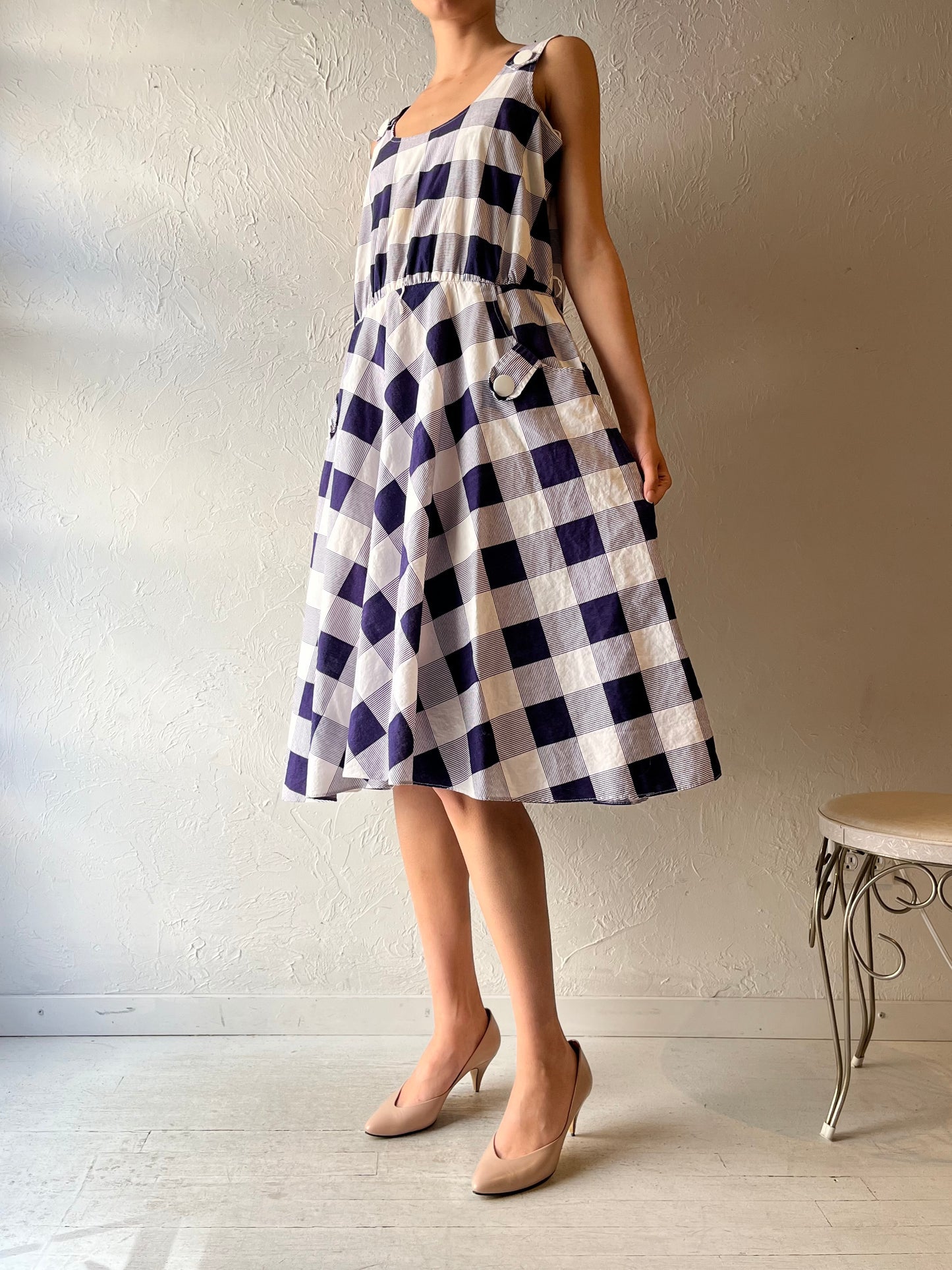 80s 'Algo'  Blue Plaid Cottagecore Summer Dress / Vintage 1980s Boho Garden Party Sundress / Large