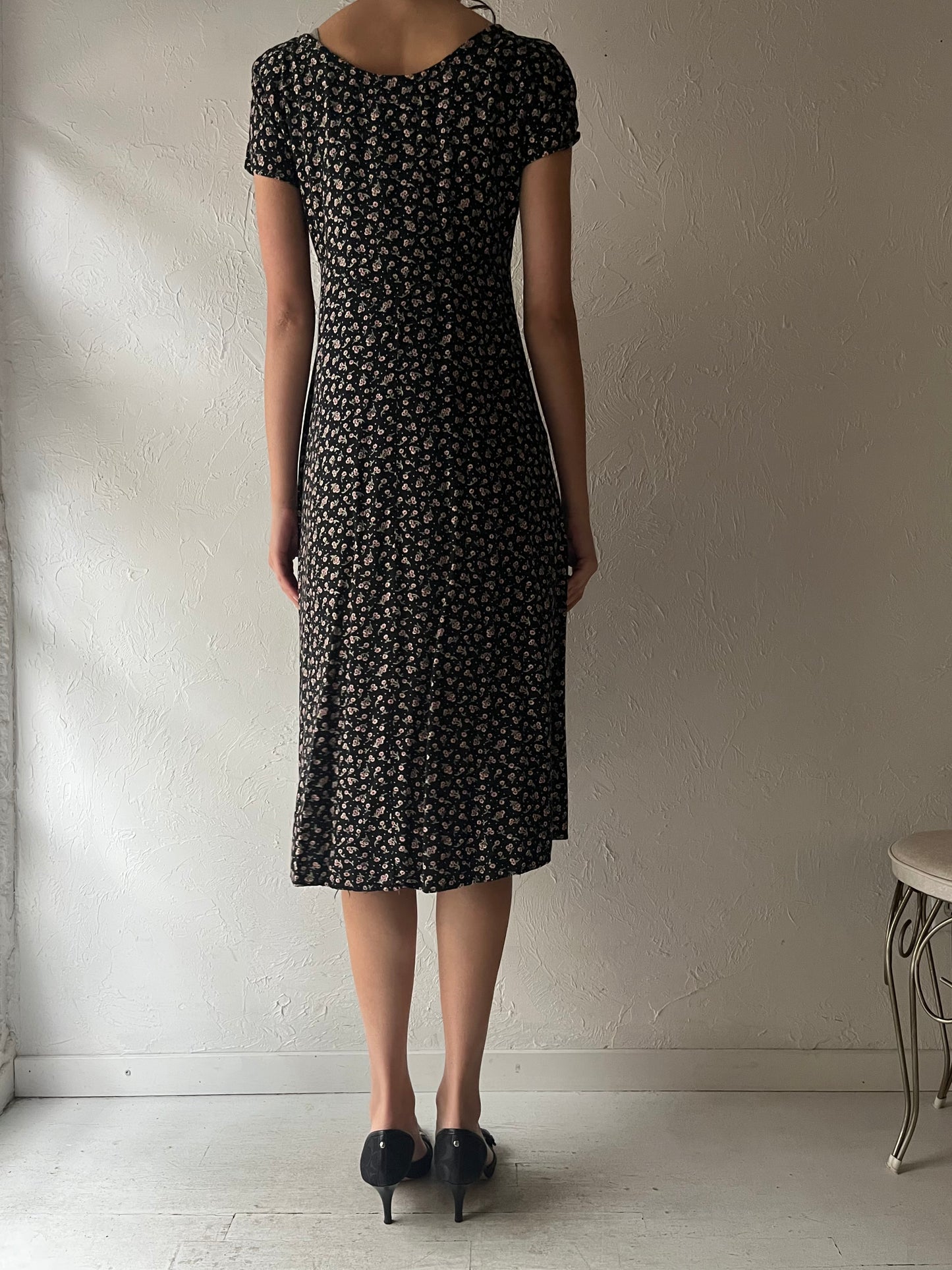 90s 'All That Jazz' Floral Print Dress / Medium