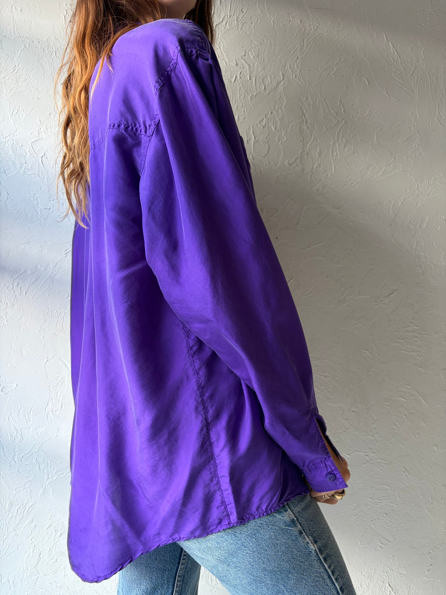 90s 'Paris Sport Club' Purple Silk Button Up Shirt / Medium