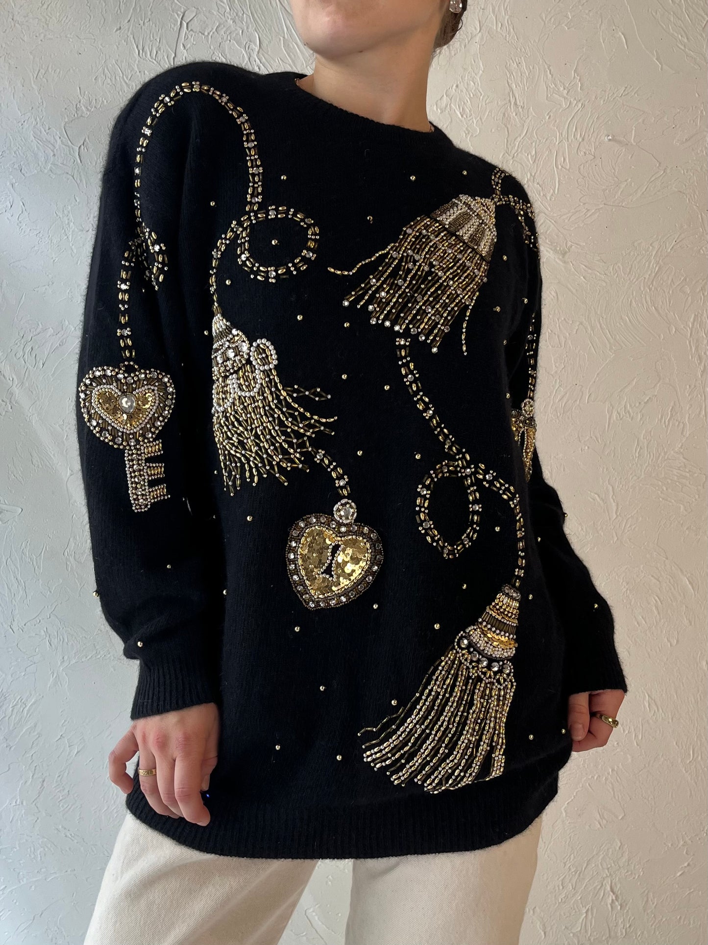 90s 'Bianca' Black Beaded Sweater / Medium