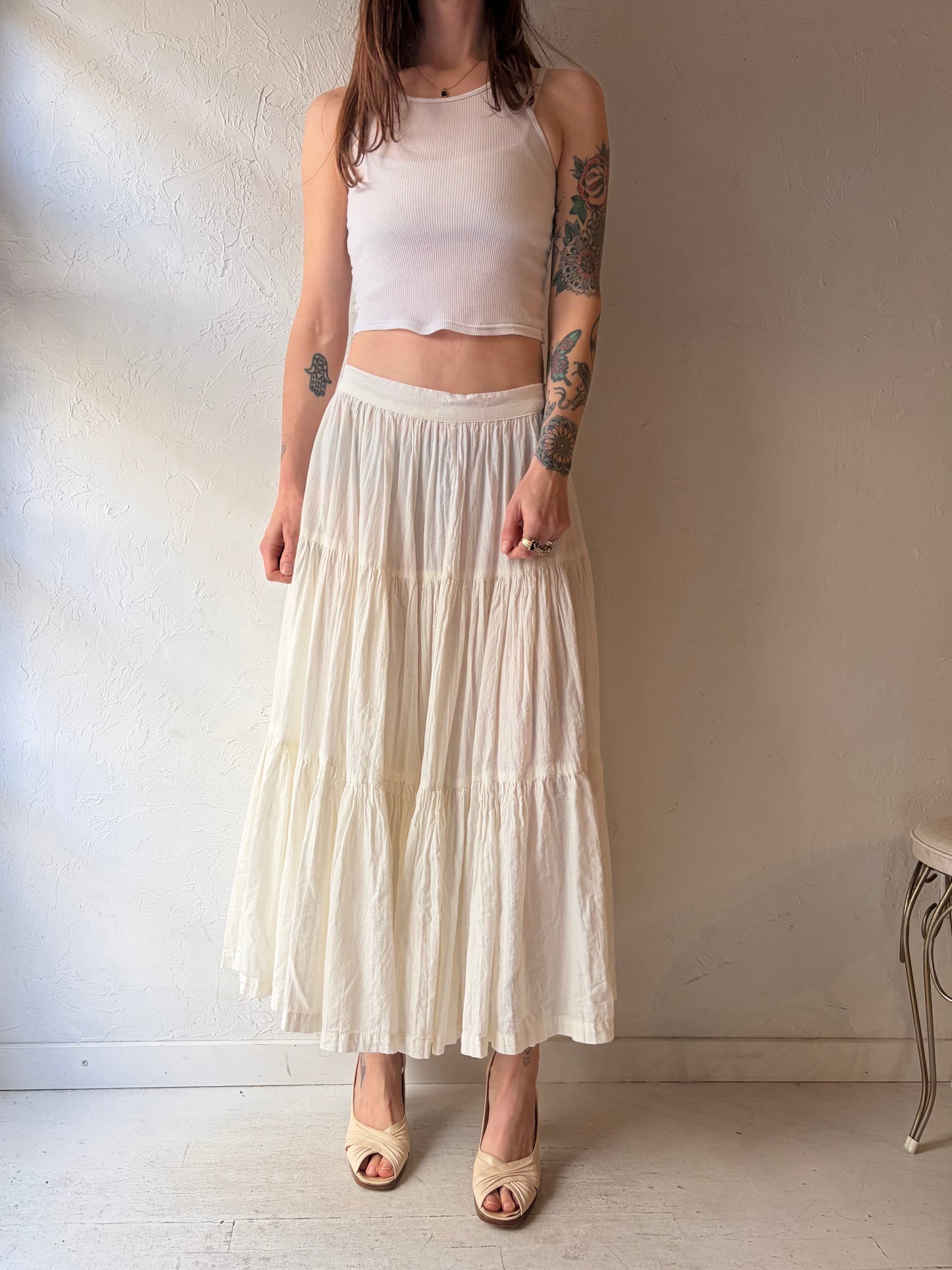70s 'Martha Taos' White Broomstick Skirt / Small
