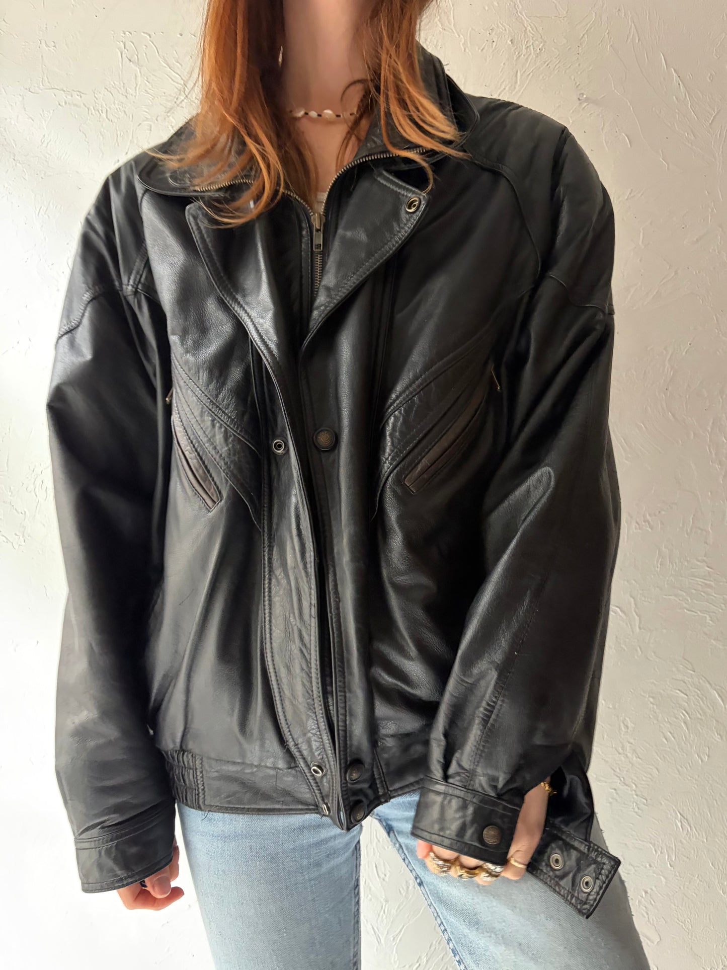 90s Black Leather Bomber Jacket / Large