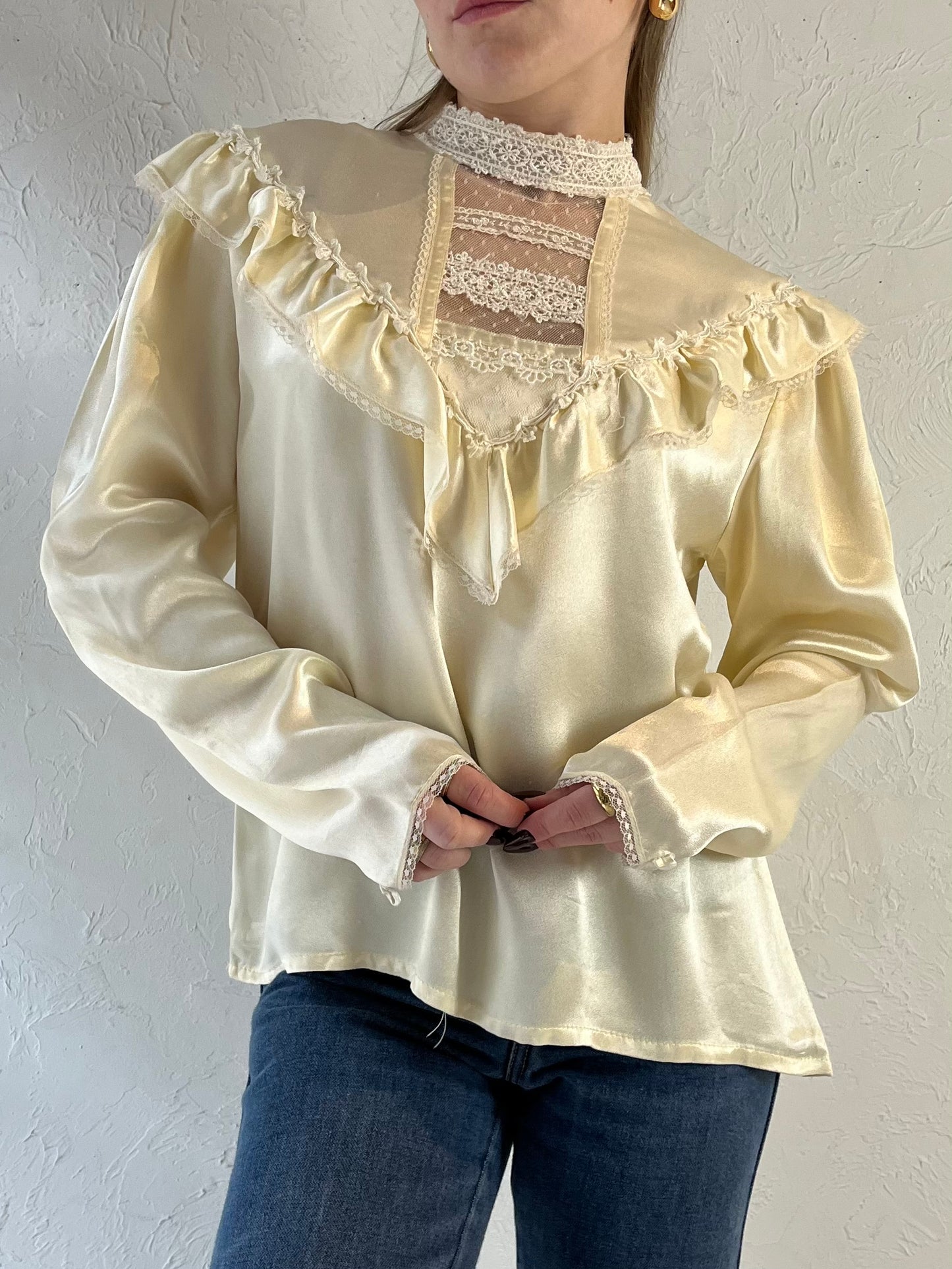 70s ‘Jessica Gunnies’ Cream Silky Peasant Blouse / Small - Medium