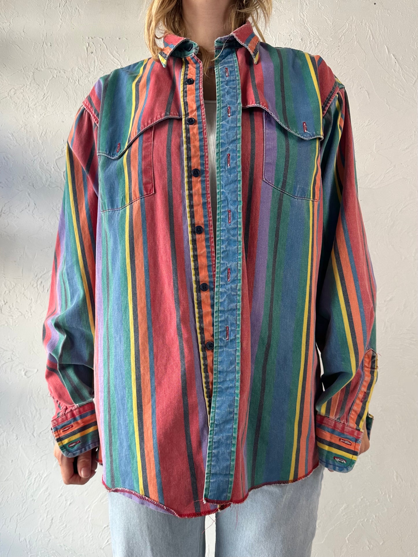 90s 'Wrangler' Rainbow Striped thick Cotton Western Shirt / Large