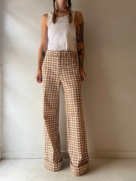 70s Vintage Cream Plaid Knit Wide Leg Pants Retro Preppy Academia Flare Trouser / Medium