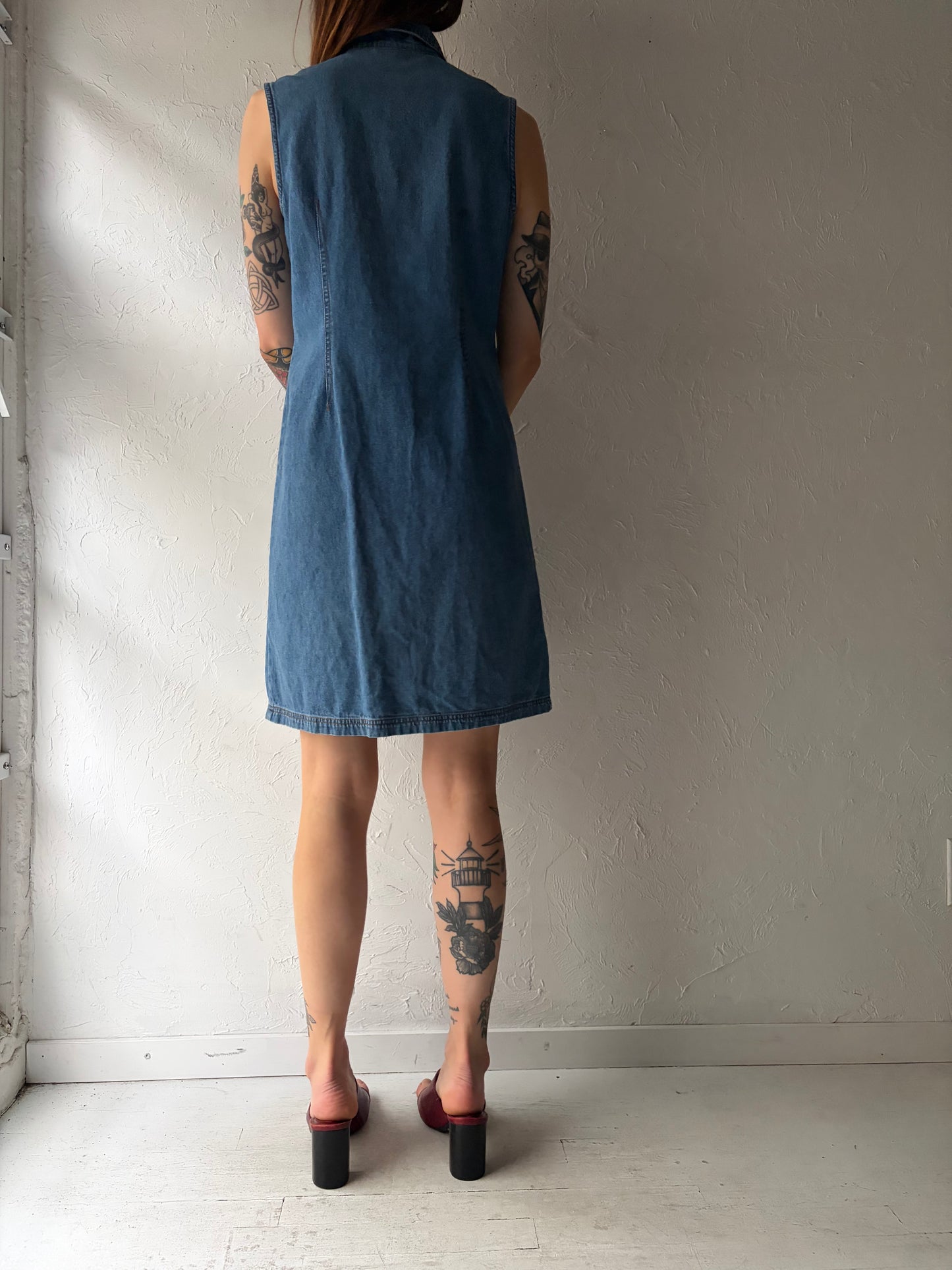 90s 'Woodpecker' Denim Western Button Up Mini Dress / Vintage 1990s Cowboy Summer Dress / Small