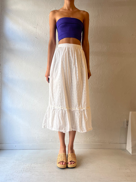 90s White Eyelet Cotton Skirt / Small