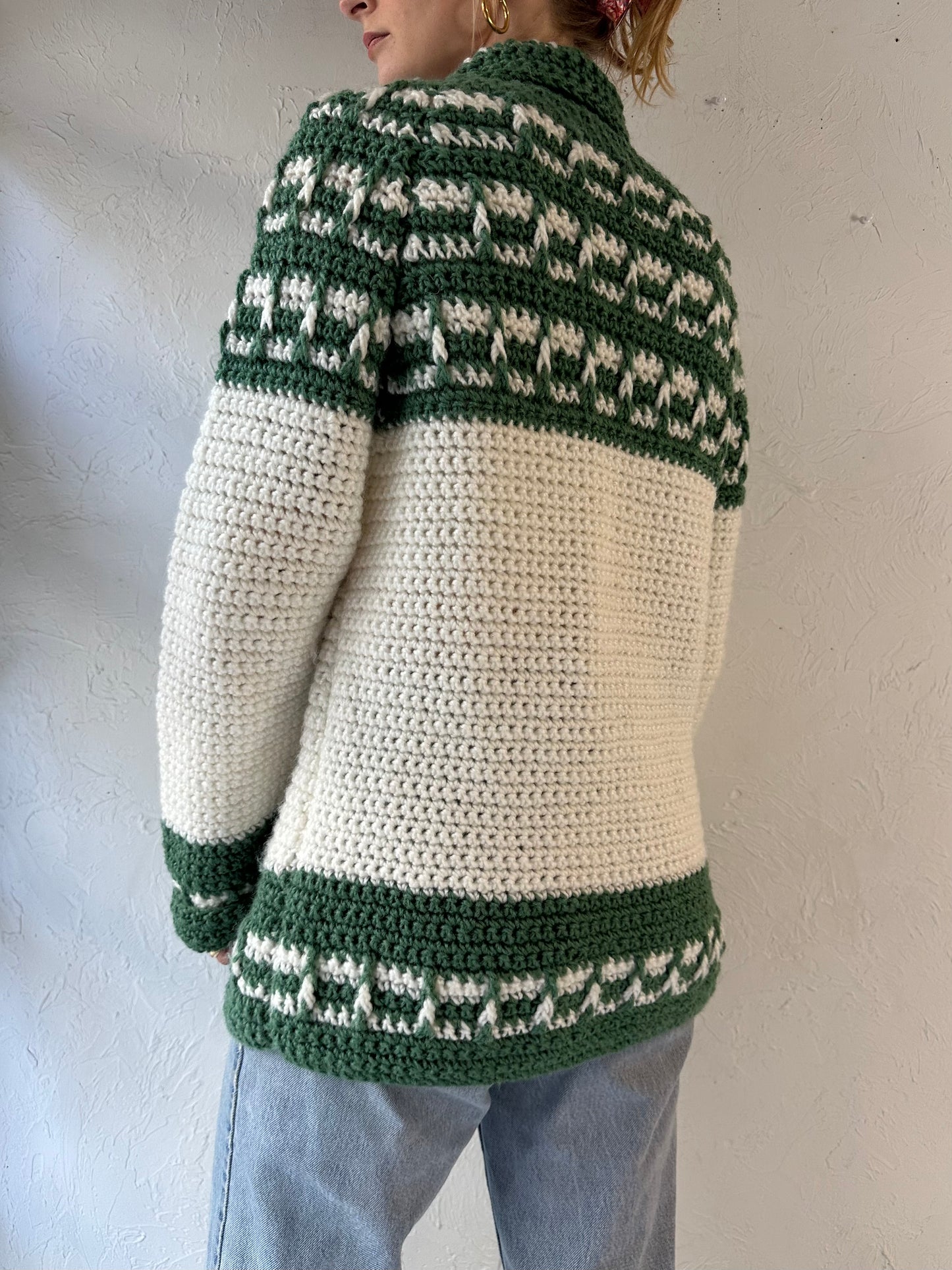 Vintage Hand Knit Green and White Acrylic Cardigan Sweater / Medium - Large