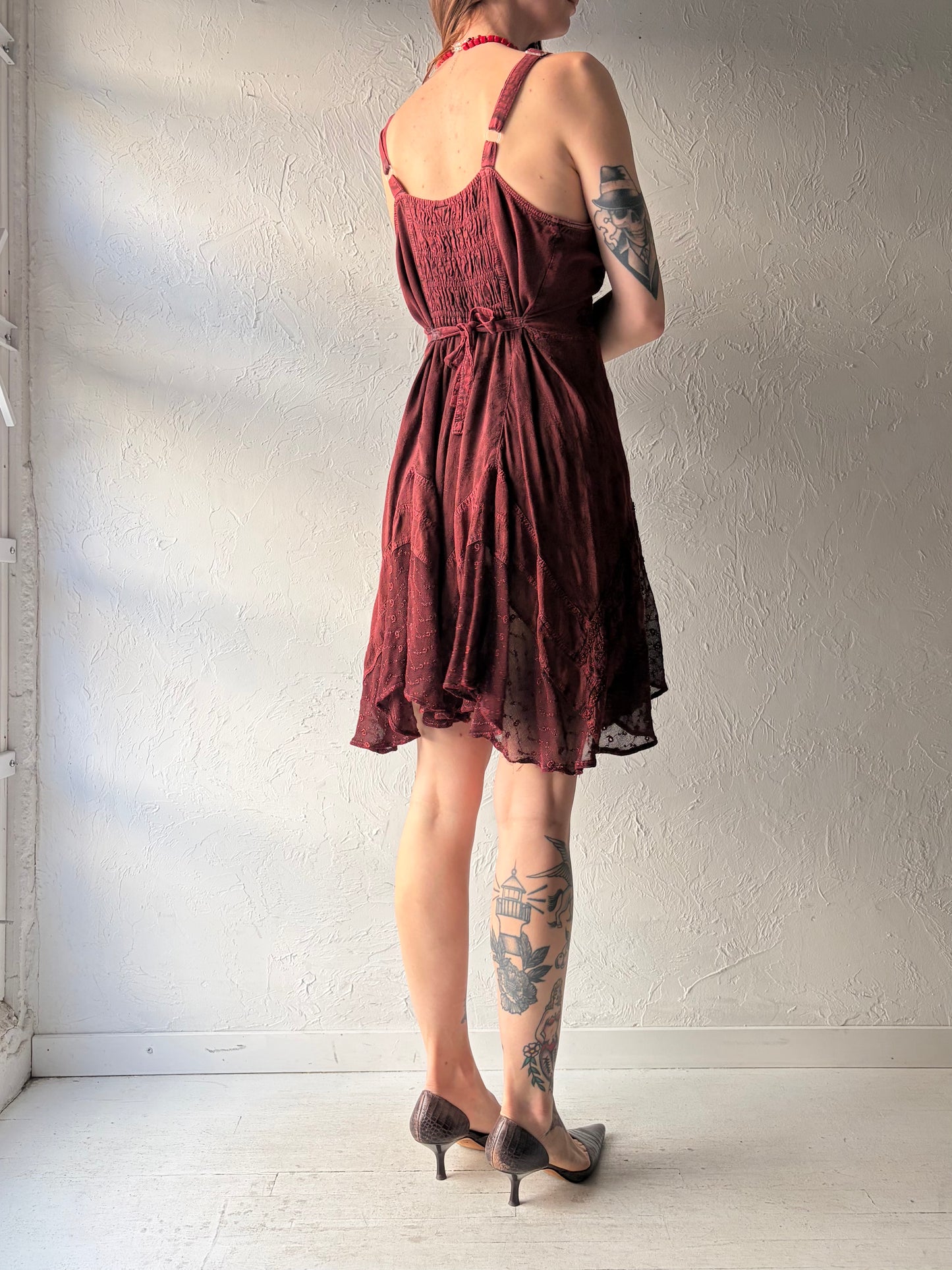 Y2k 'My Choice' Burgundy Fairycore Summer Dress / Vintage 2000s Boho Hippie Mini Dress / Large