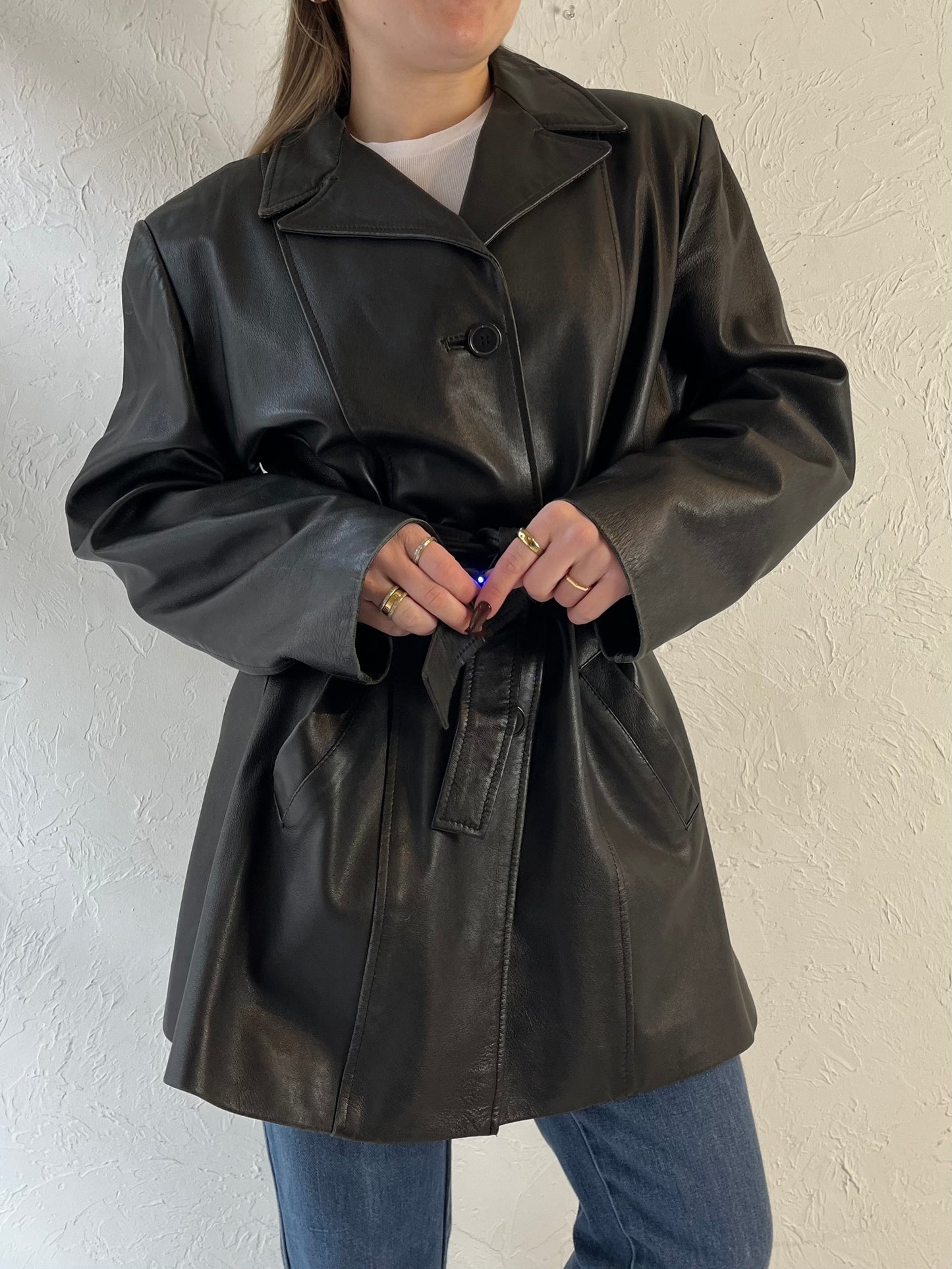 90s Black Leather Jacket / Large