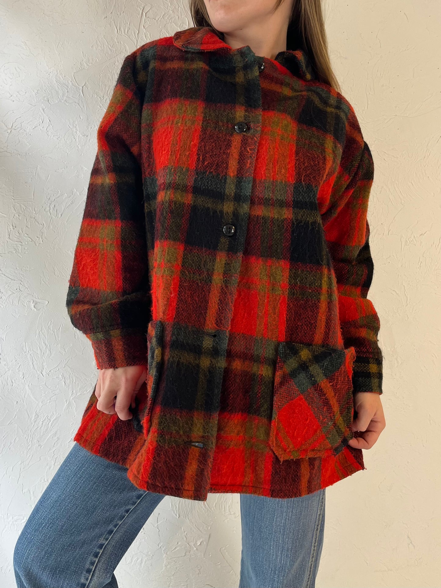 Vintage Red Plaid Knit Jacket / Medium