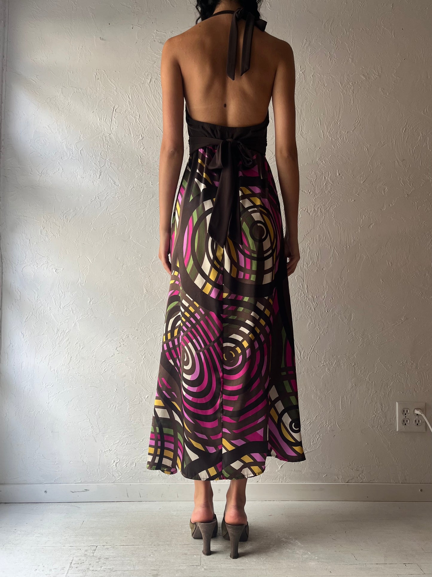 Y2k 'Candies' Silky Patterned Halter Dress / Medium