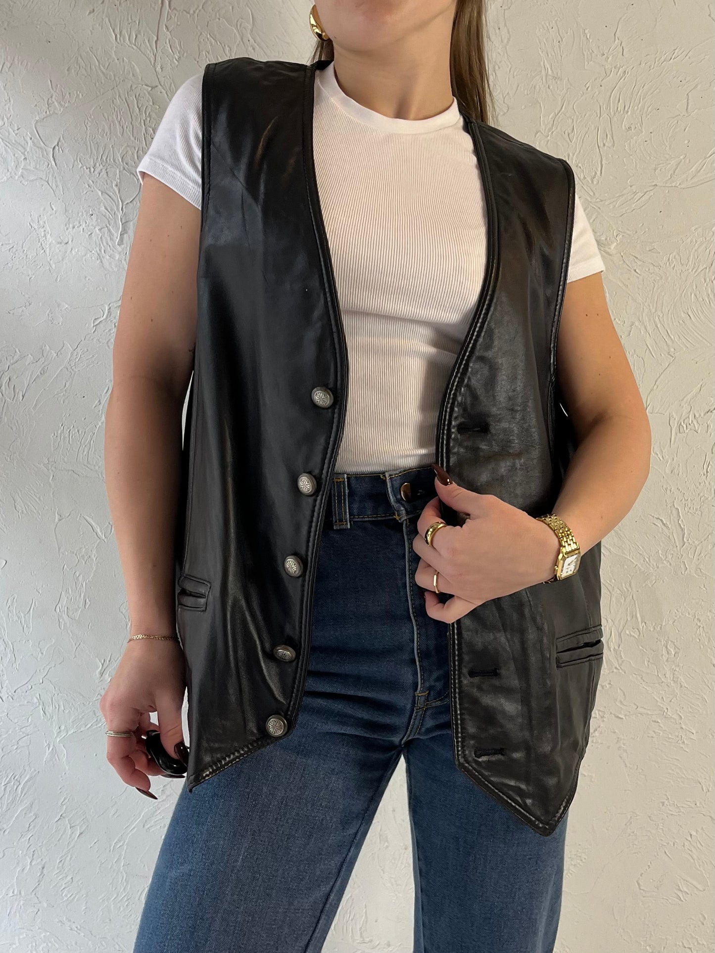 90s ‘Tannery West’ Black Western Leather Vest / Large