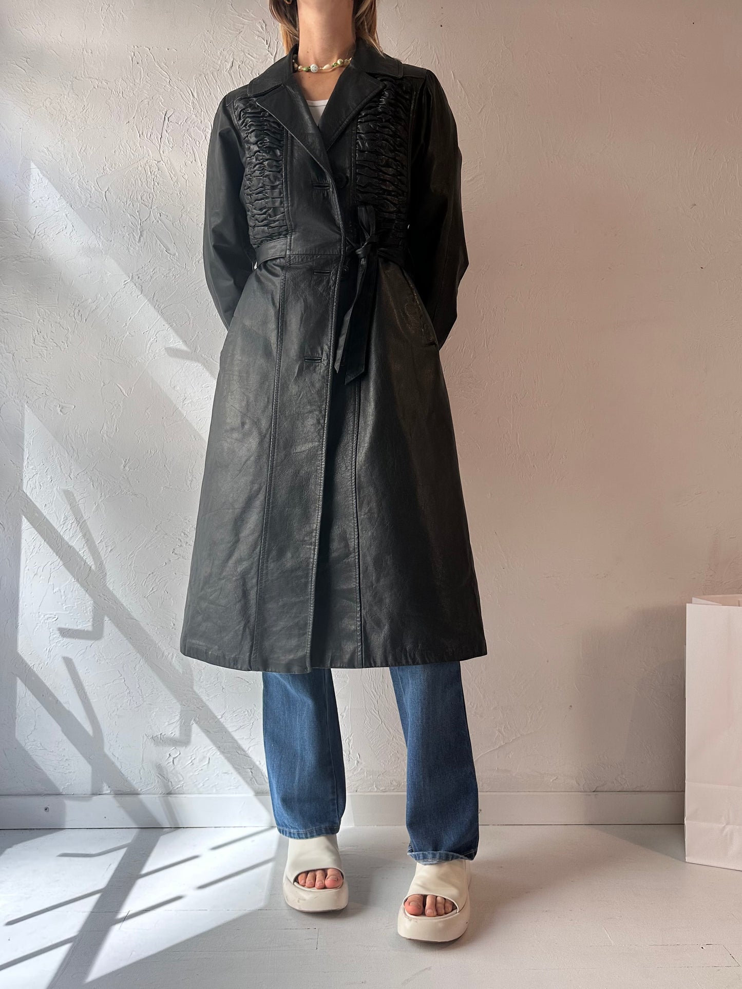 90s 'Sterling Stall' Black Leather Coat / Medium