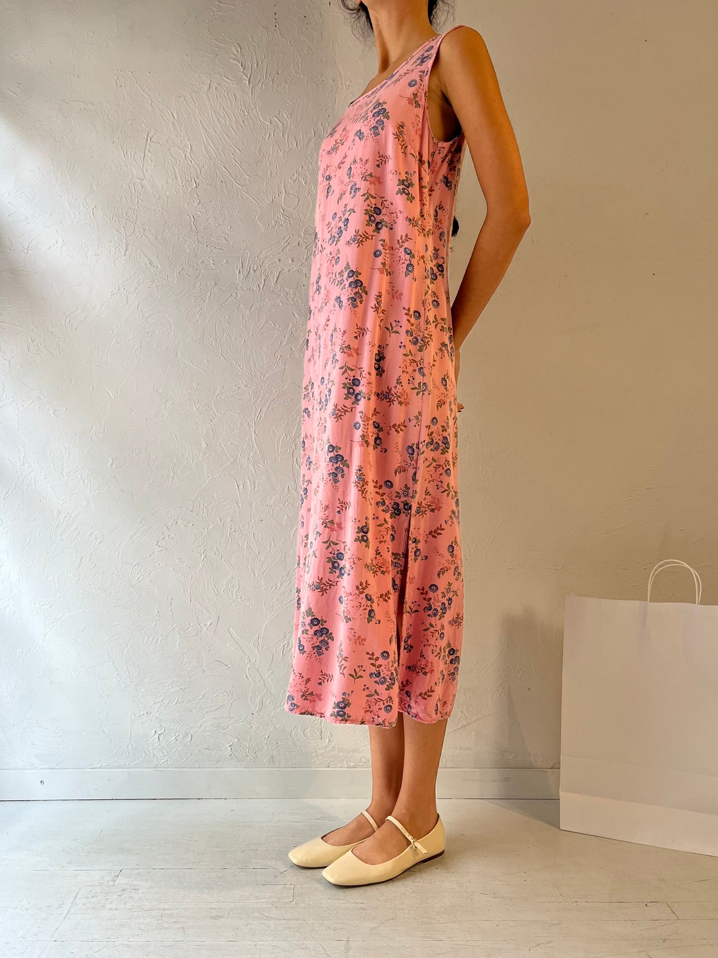 90s 'Cherokee' Pink Floral Print Rayon Dress / Small