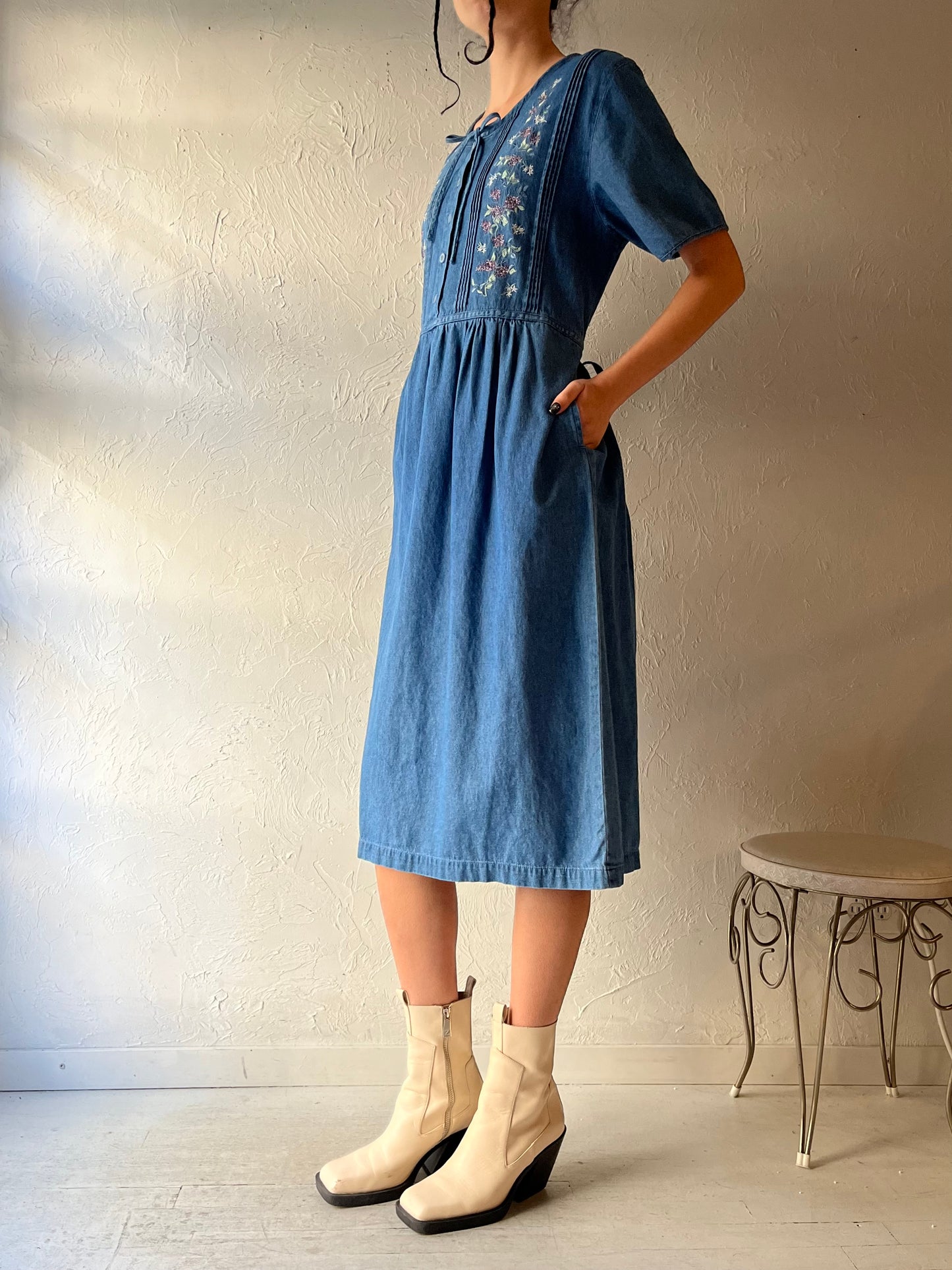 90s 'VI Petites' Denim Embroidered Midi Dress / Large