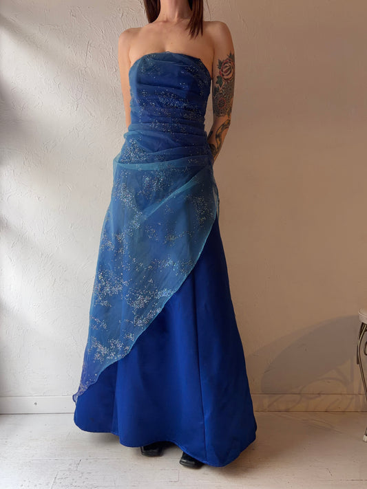 90s 'Jump' Blue Strapless Sparkly Formal Dress / Small