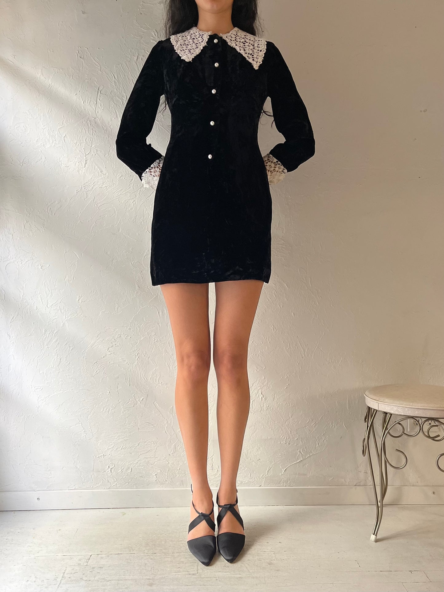 70s 'Perri' Black Long Sleeve Velvet Mini Dress / Small