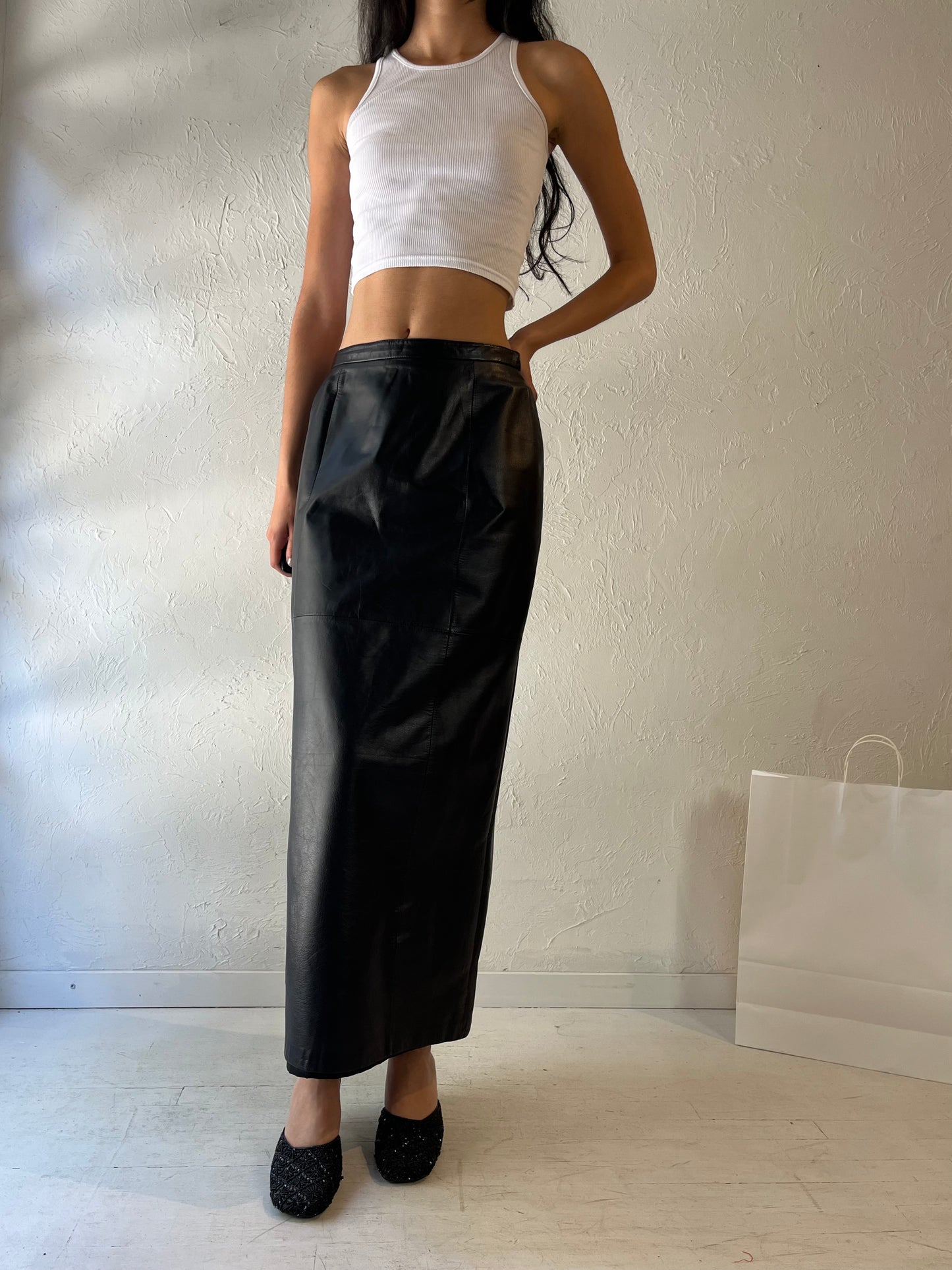 90s 'Danier' Long Black Leather Pencil Skirt / Small - Medium