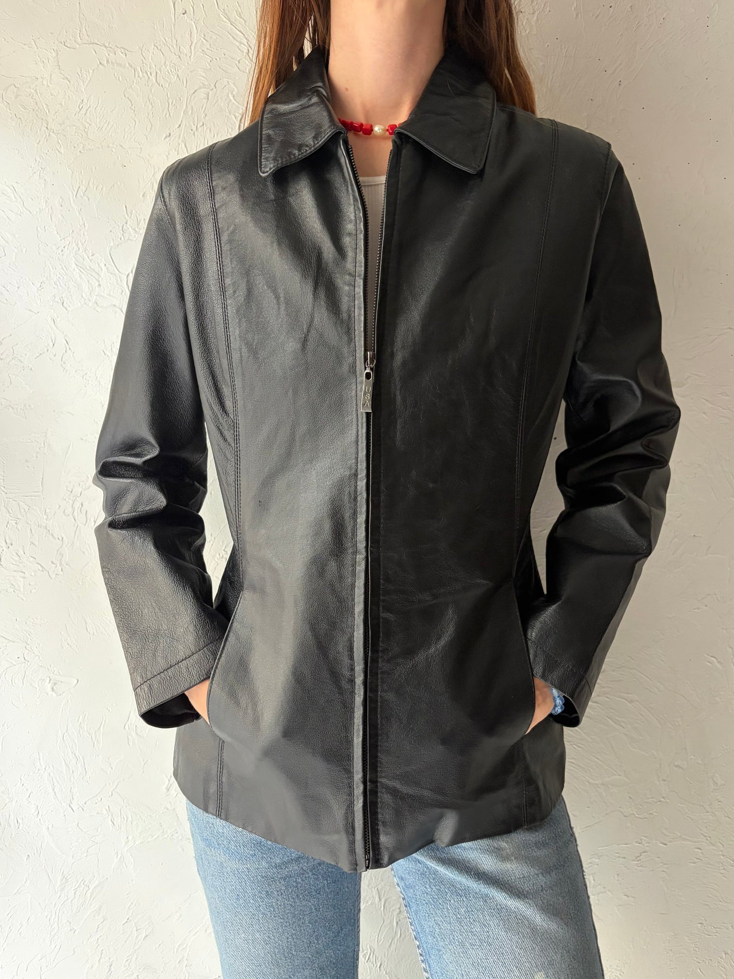 90s Black Leather jacket / Small