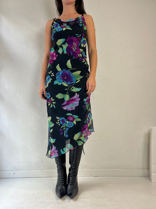 Y2k 'CDC' Black Floral Print Midi Dress / Medium