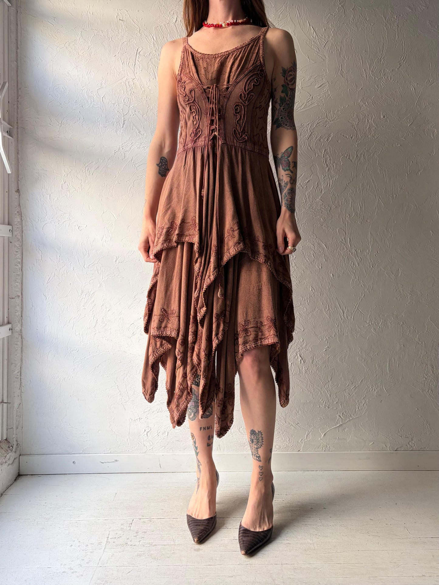 Y2k 'My Choice' Brown Fairycore Summer Dress / Vintage 2000s Boho Hippie Midi Dress / Small -Large