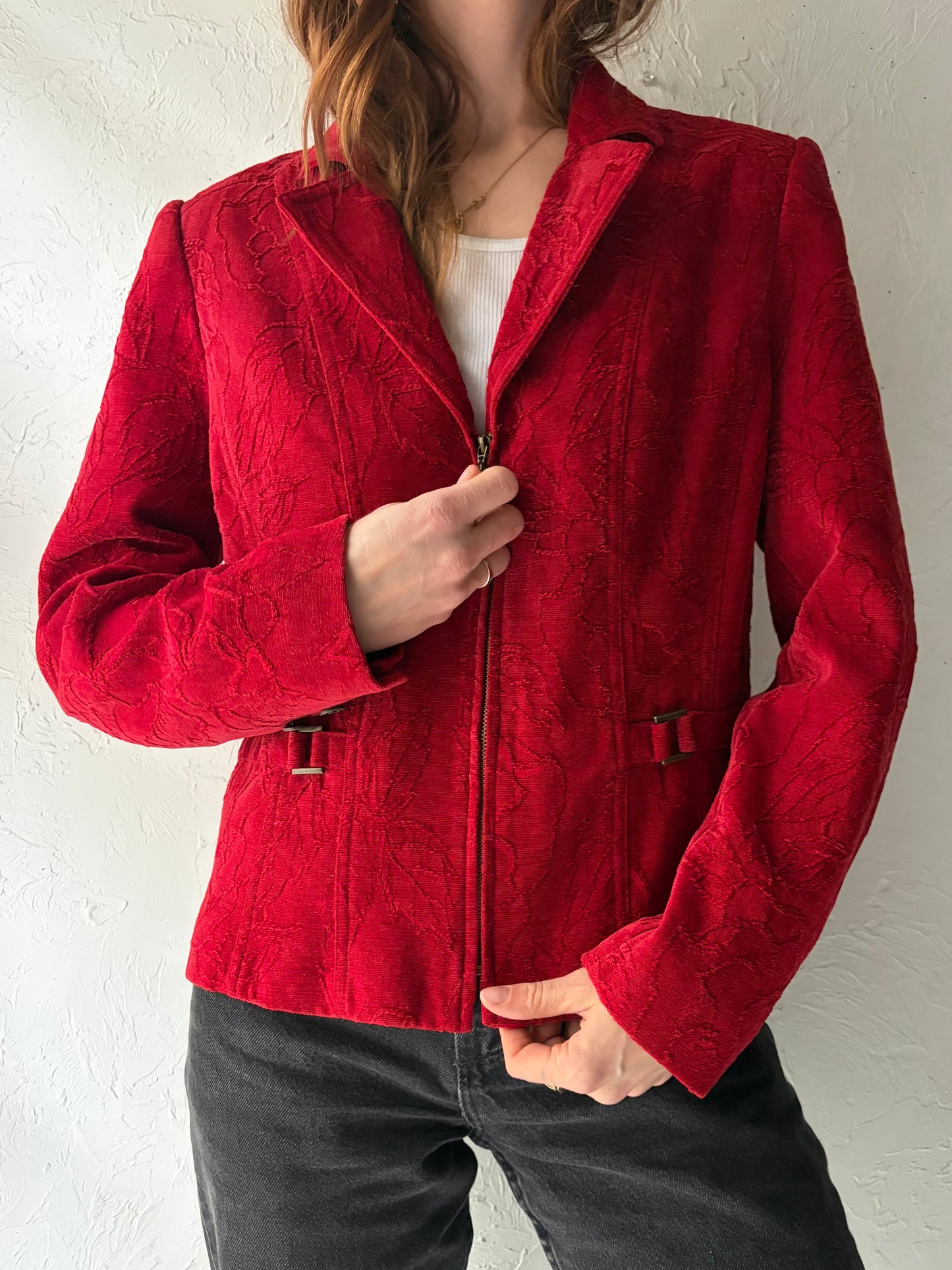 Y2k 'Concept' Red Boho Tapestry Cropped Zip Up Spring Jacket / Medium