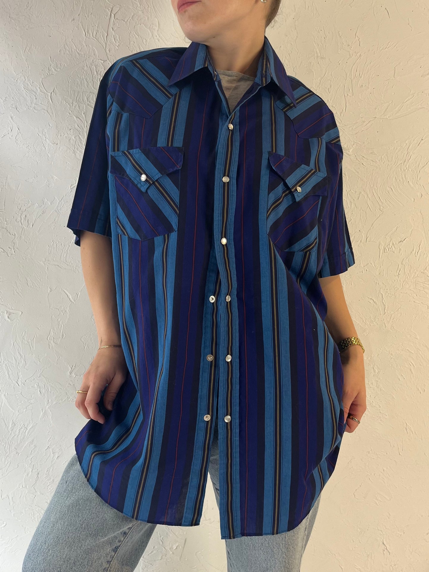 Y2k 'Ely' Blue Striped Pearl Snap Western Shirt / Large