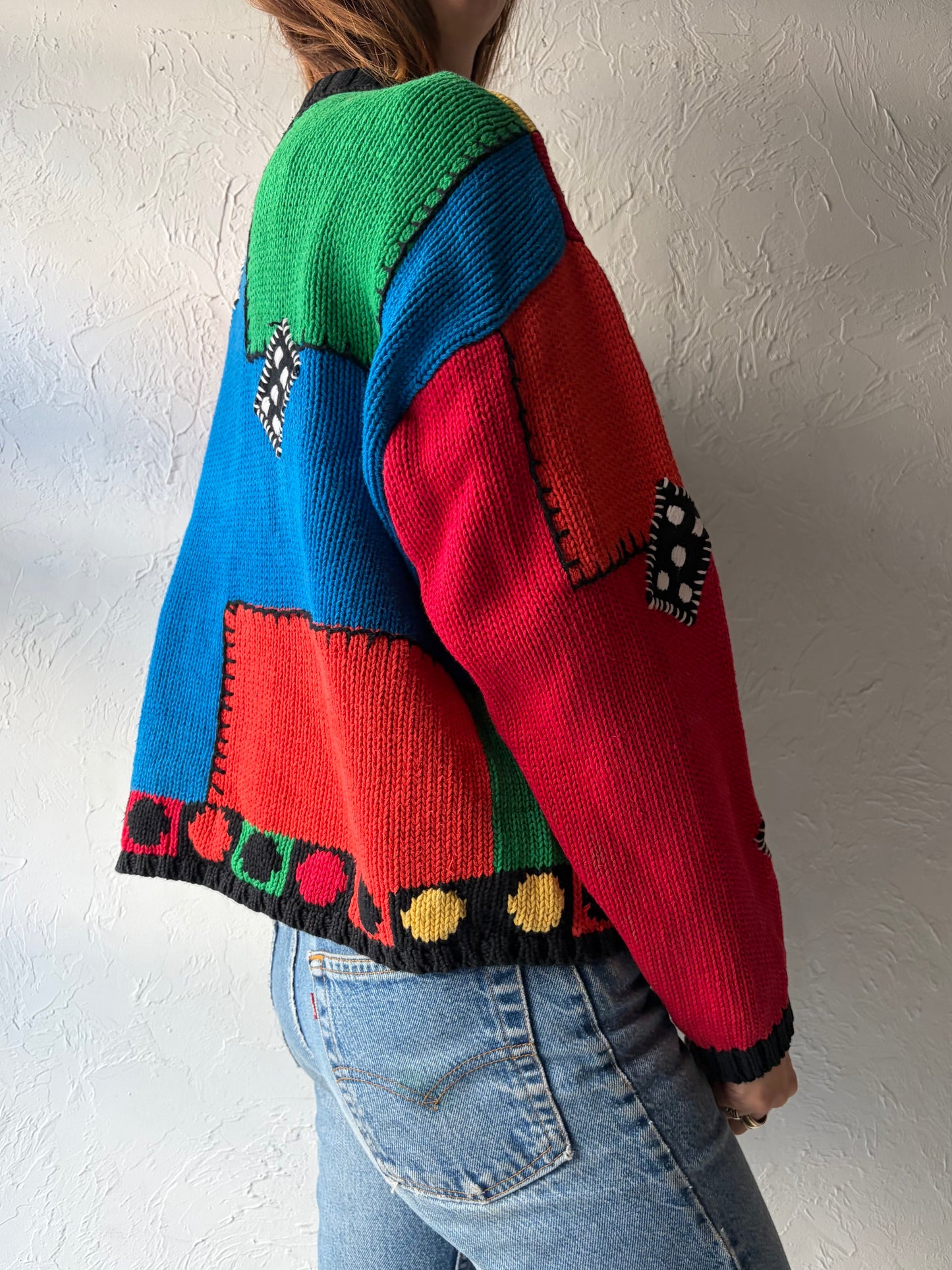 90s 'RIR' Color Block Cotton Sweater / Small