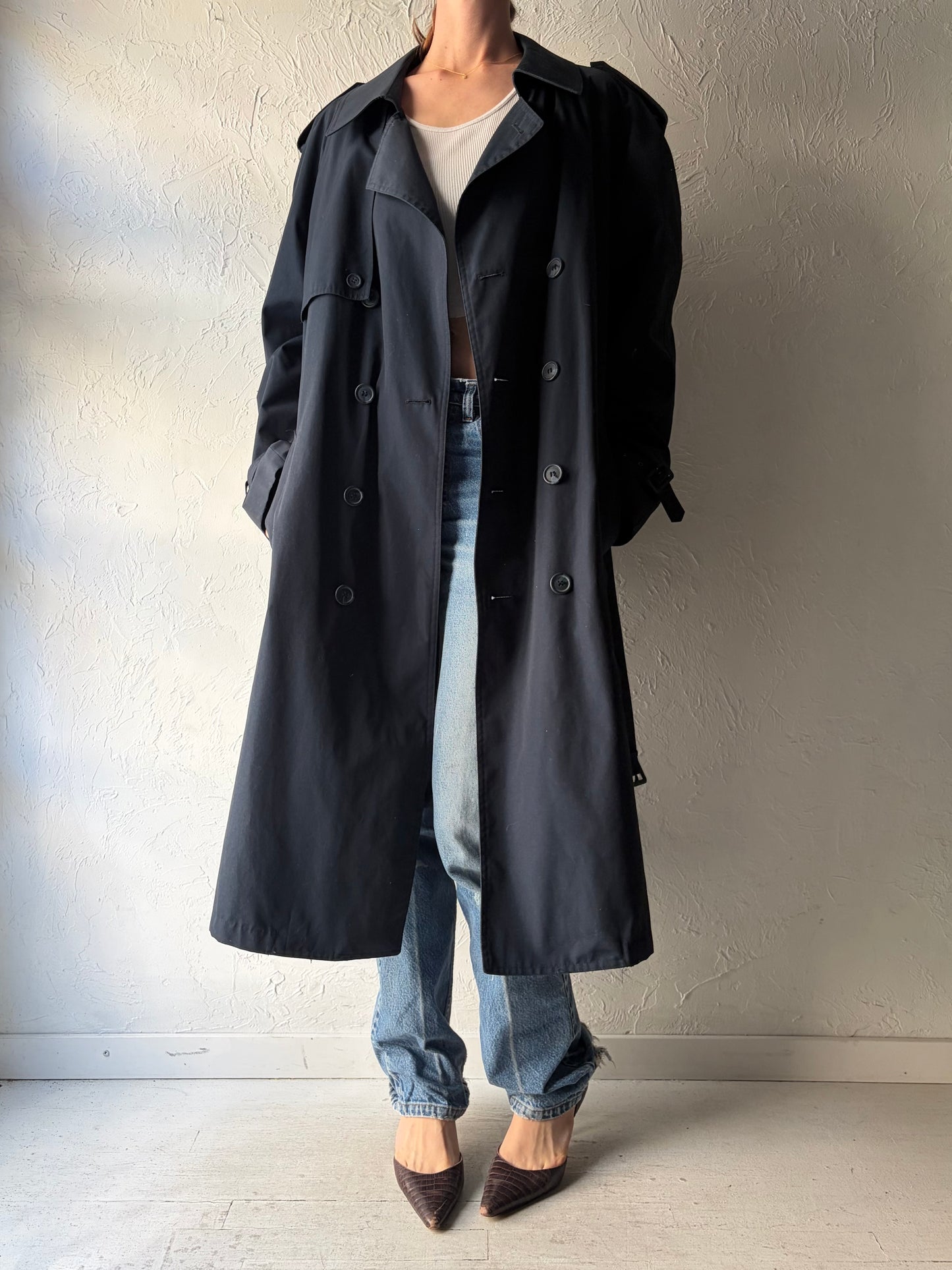 90s 'Moores' Navy Normcore Trench Coat / Vintage 1990s Classic Minimalist Outerwear / Large